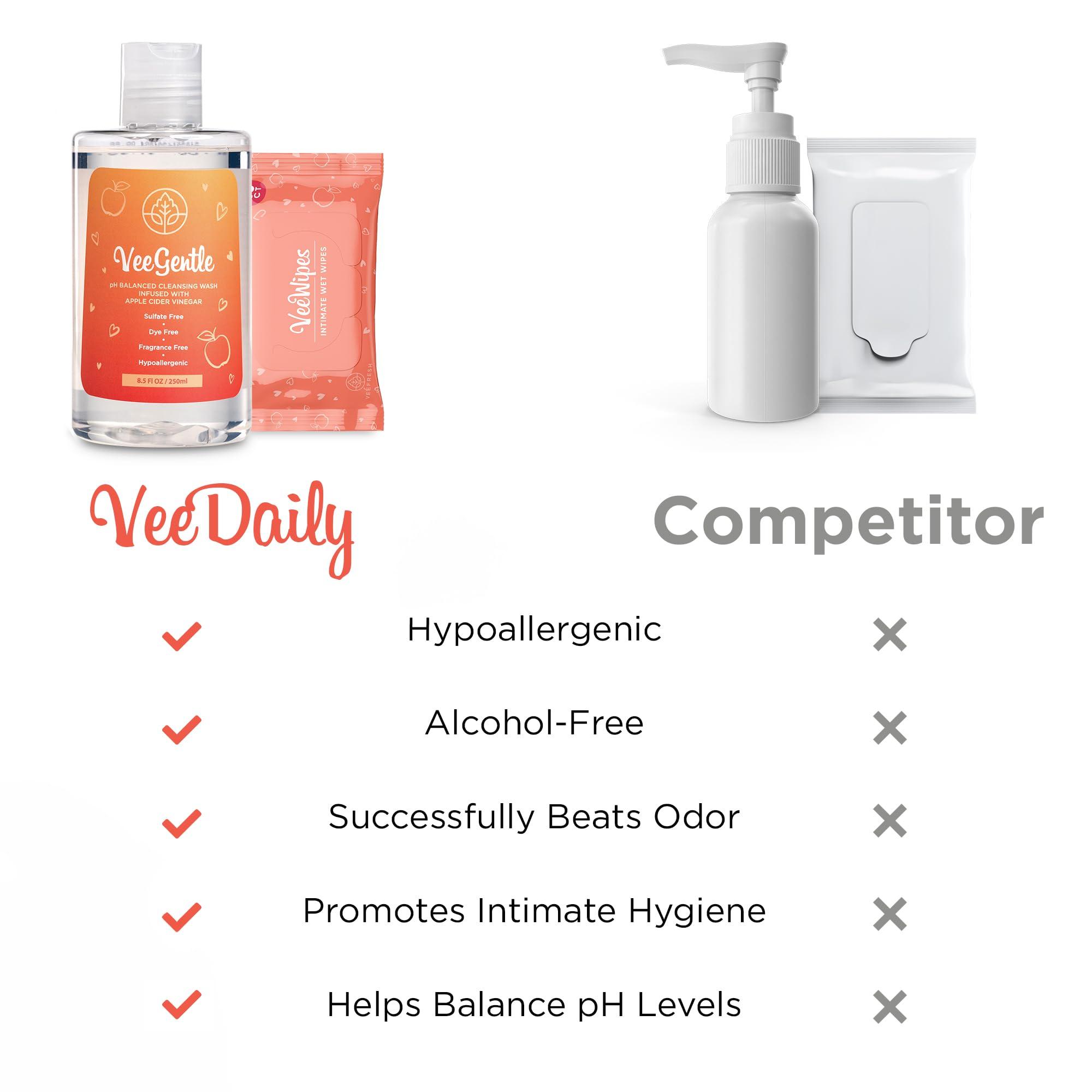 VeeFresh VeeFresh VeeDaily - VeeGentle Intimate Wash & VeeWipes ACV Sensitive Vee Bundle - Apple Cider Vinegar Infused Female Wipes for Women & Natural Feminine Wash for Sensitive Vees!