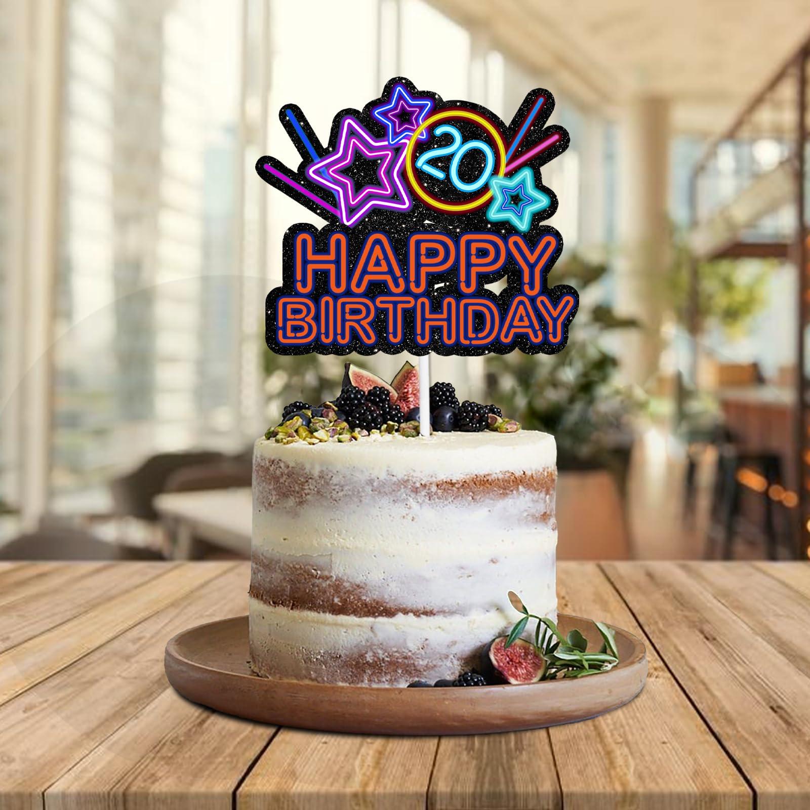 HEYUWING Colorful Glitter Star Happy Birthday 20 Cake Topper Lets Glow Crazy Party Theme Decoration Supplies Boys Girls Happy 20th Birthday Anniversary Party Decor Supplies