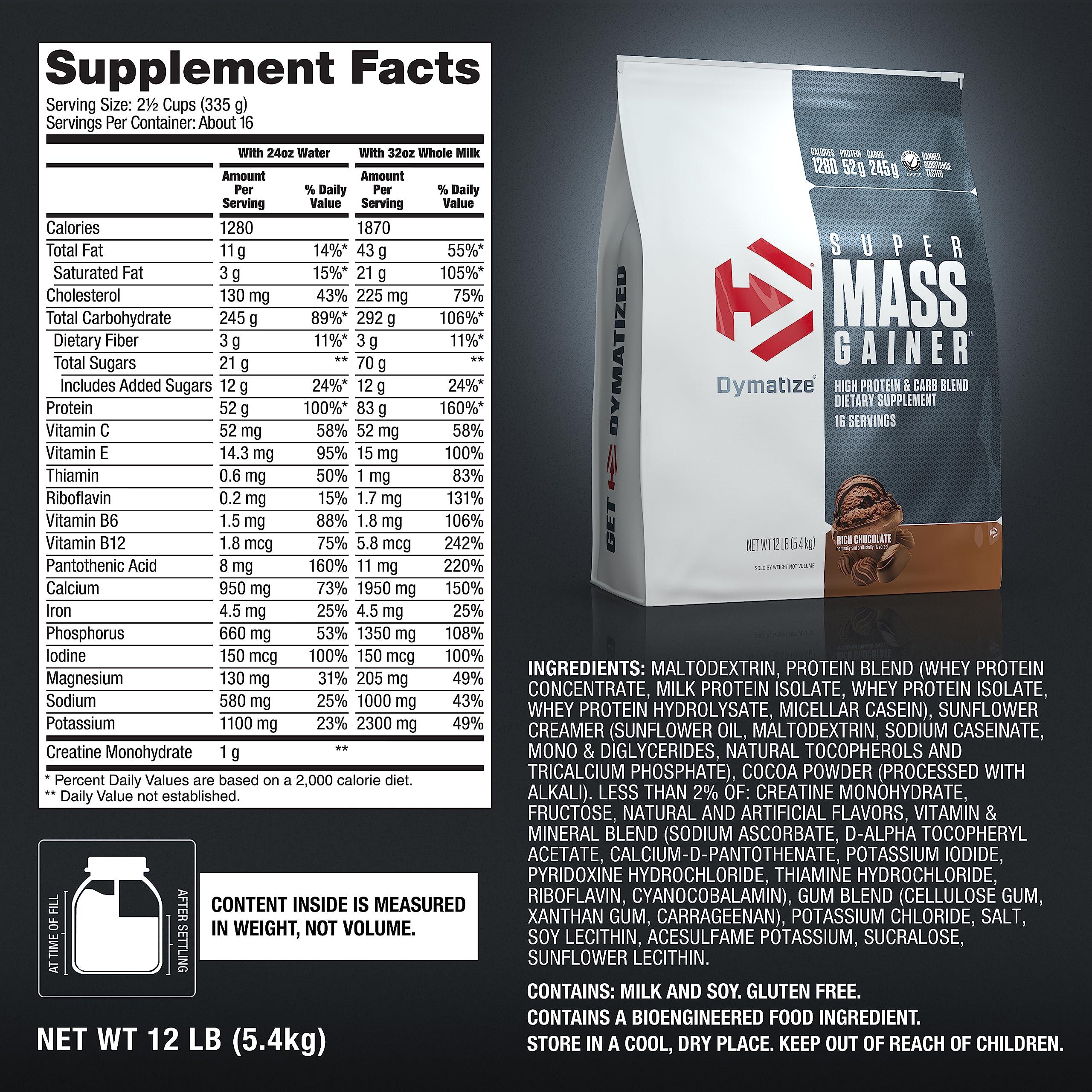 Dymatize Dymatize Super Mass Gainer Protein Powder, 1280 Calories & 52g Protein, 10.7g BCAAs, Mixes Easily, Tastes Delicious, Rich Chocolate, 12 lbs