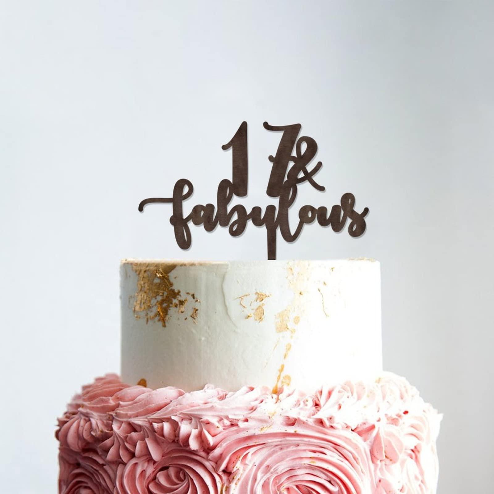 WengBeauty 17 & Fabulous Cake Toppers Brown Wood 17th Birthday Party Decorations Happy Birthday Cake Topper Customized Age Birthday Cake Decoration Birthday Cake for Birthday Party Decoration Ideas