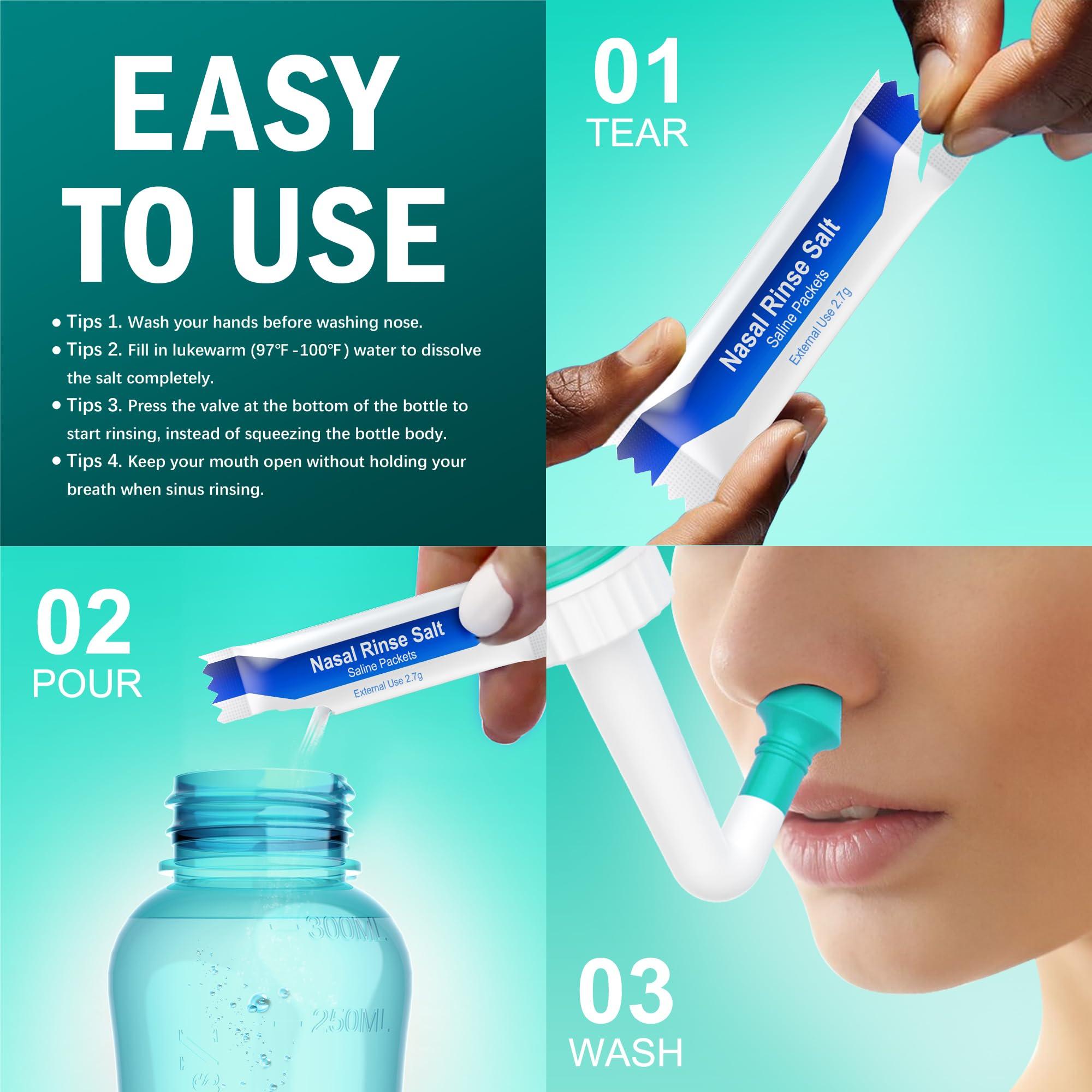 MAOEVER Neti Pot Sinus Rinse Bottle Nose Wash Cleaner Pressure Rinse Nasal Irrigation for Adult & Kid BPA Free 300 ML with 30 Nasal Wash Salt Packets and Sticker Thermometer