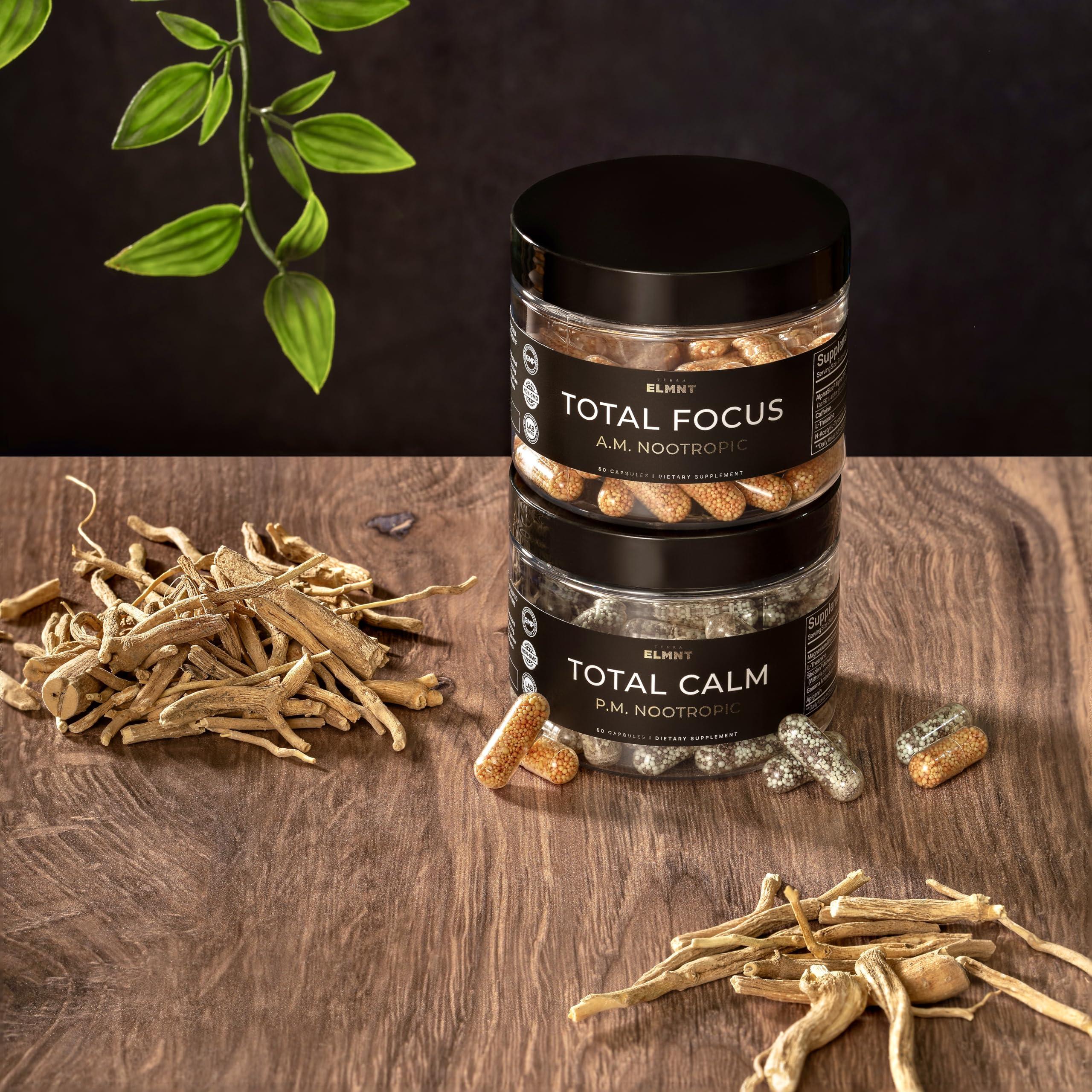 TERRA ELMNT AMPM Nootropic Total Focus + Calm 9X Strength w. Caffeine, L-Theanine, Alpha GPC, L-Tyrosine, Ashwagandha - X-Release Energy Pills Nootropics Brain Support Supplements for Memory and Focus Supplement