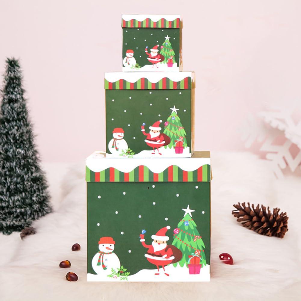 JOYWU JOYWU Christmas Stackable Gift Boxes Set with Lids and Red Rope,3 Pcs Xmas Nesting Box for Gift Wrapping,Square Santa Snowman Xmas Tree Stacking Small Gift Boxes,Christmas Decorative Boxes (Green)