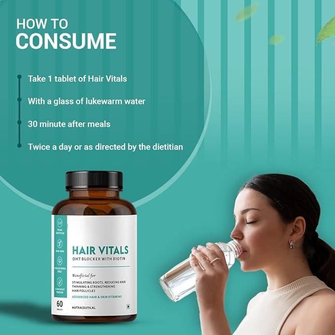 Generic Hair Vitals DHT Blocker with Biotin Tablets with Beta-Sitosterol & Stinging Nettle Root Extract | Hair Vitamins for Men & Women - 60 Tablets