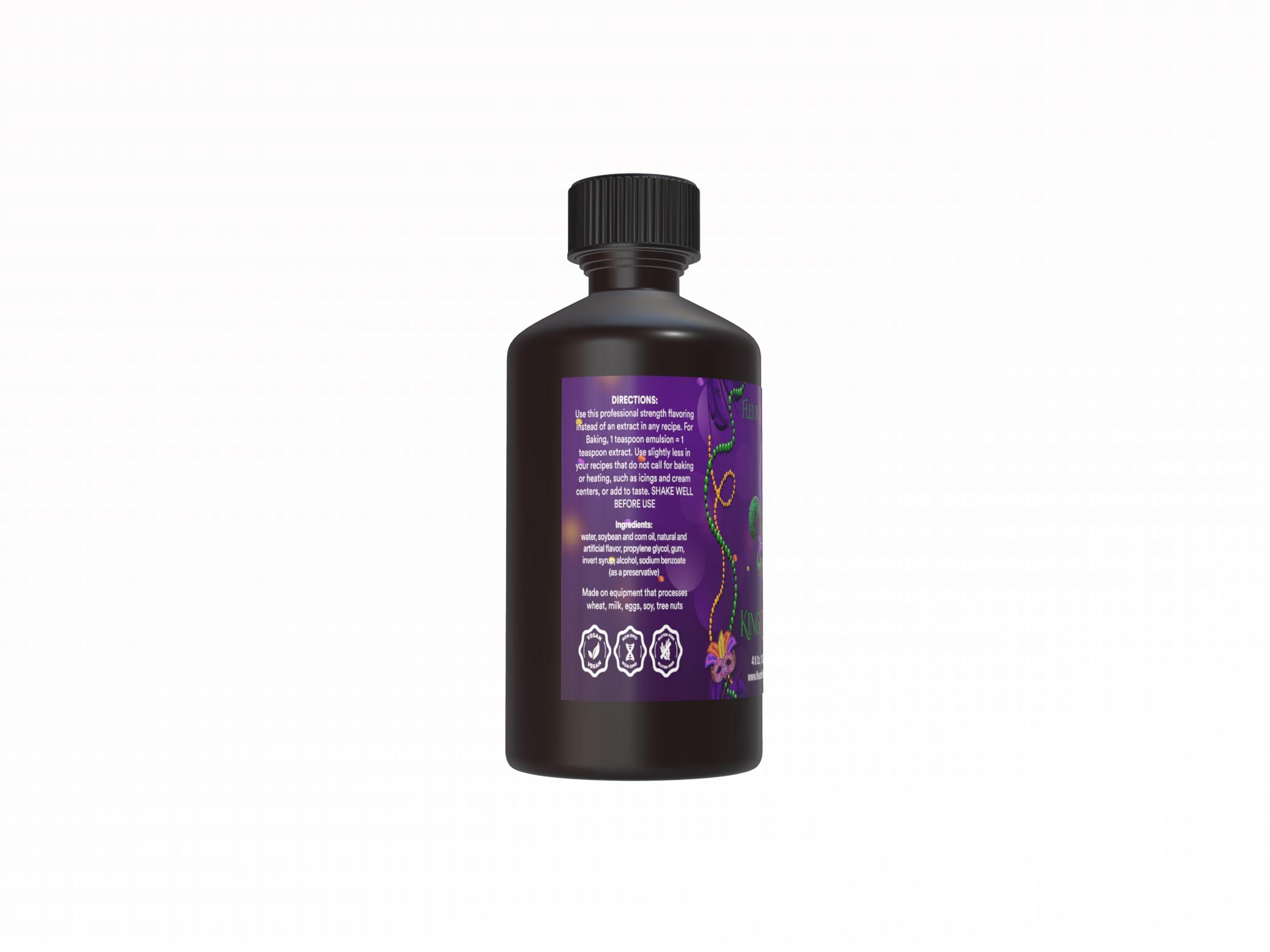 Fleur De Flavor Fleur De Flavor King Cake Emulsion Rich Mardi Gras Cinnamon & Vanilla Flavor with hint of Rum for Baking, Frosting, Ice Cream & Beverages Bake-Stable, Gluten-Free, No Artificial Colors (4 oz)