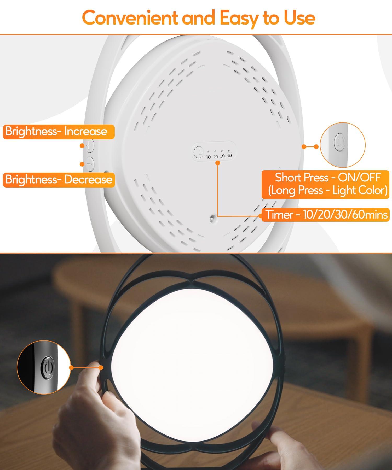 HIBOITEC HIBOITEC Light Therapy Lamp, 10000 Lux UV-Free Sun Light Therapy Lamp with 3 Color Temperature & 5 Adjustable Brightness & Timer & Memory Function, Happy Mood Light Therapy Lamp for Office Home, White