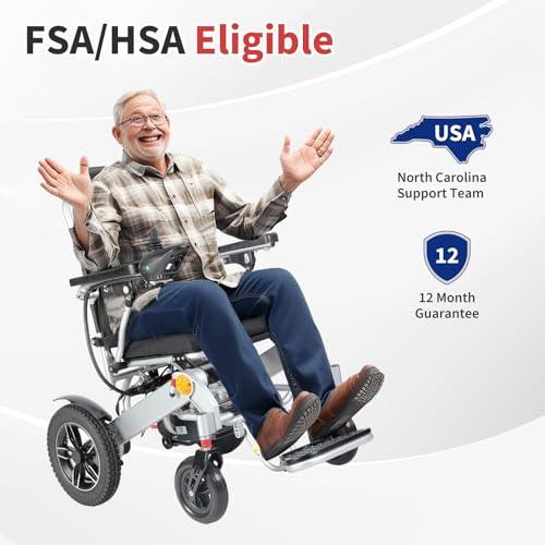 EvoTraQ EvoTraQ Electric Wheelchair for Adults, Lightweight & Foldable, Motorized Wheelchairs for Seniors, FSA/HSA Eligible, Up to 300 lbs Capacity Power, USA Based Surpport, Dual 250W Motors - Silver