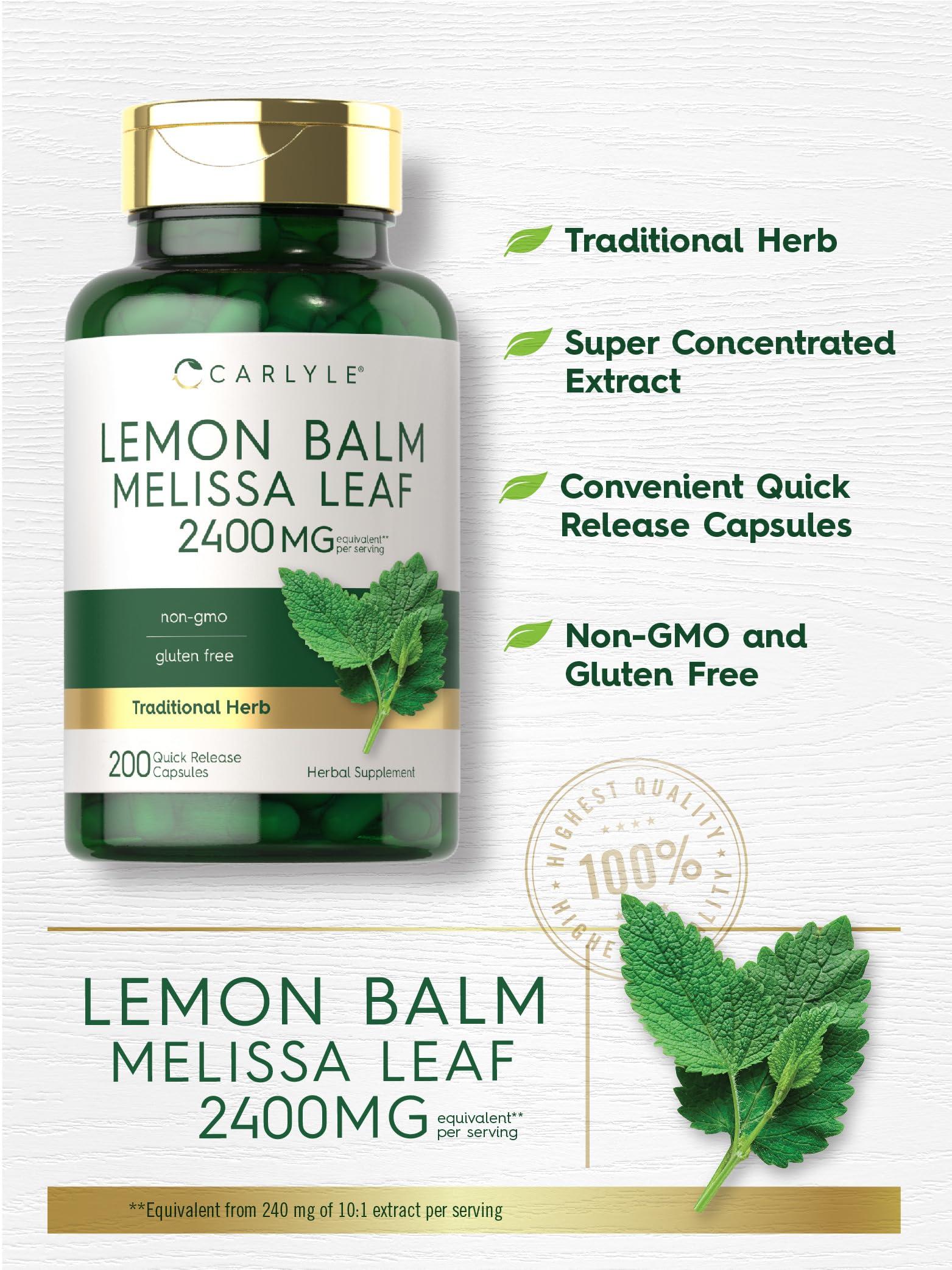 Carlyle Carlyle Lemon Balm Capsules | 200 Count | Non-GMO and Gluten Free Formula | Melissa Leaf Traditional Herbal Supplement | Super Concentrated Extract