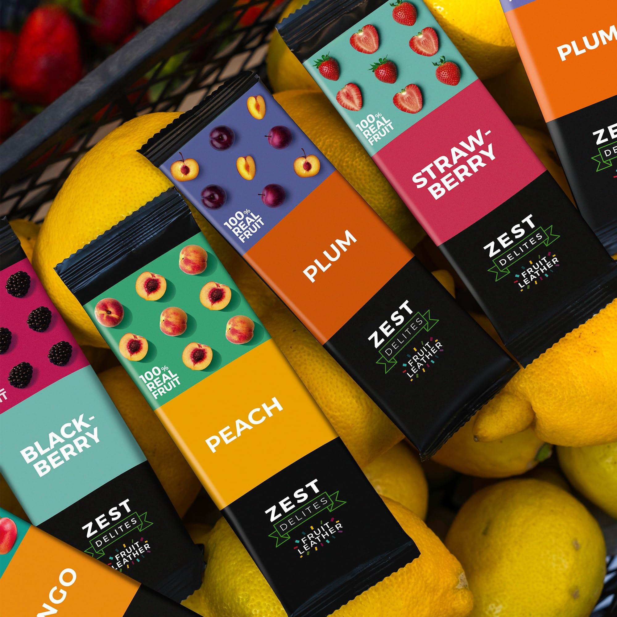 ZEST Delites Fruit Snacks by Zest Delites, Fruit Leather, Healthy Snacks for Adults, Dried Fruit Snack Bulk, Fruit Bars, Vegan Fruit Strips, Apple-Based, Strawberry, Peach, Blackberry, Plum, 0.88 oz x 36