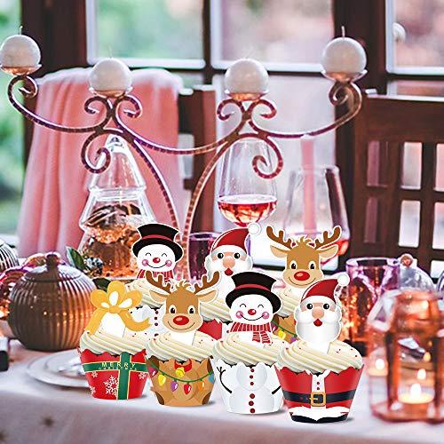 Omgouue Christmas Cupcake Toppers and Wrappers Party Supplies/Favors - Snowman/Santa Claus/Reindeer/Gift Box 48 set