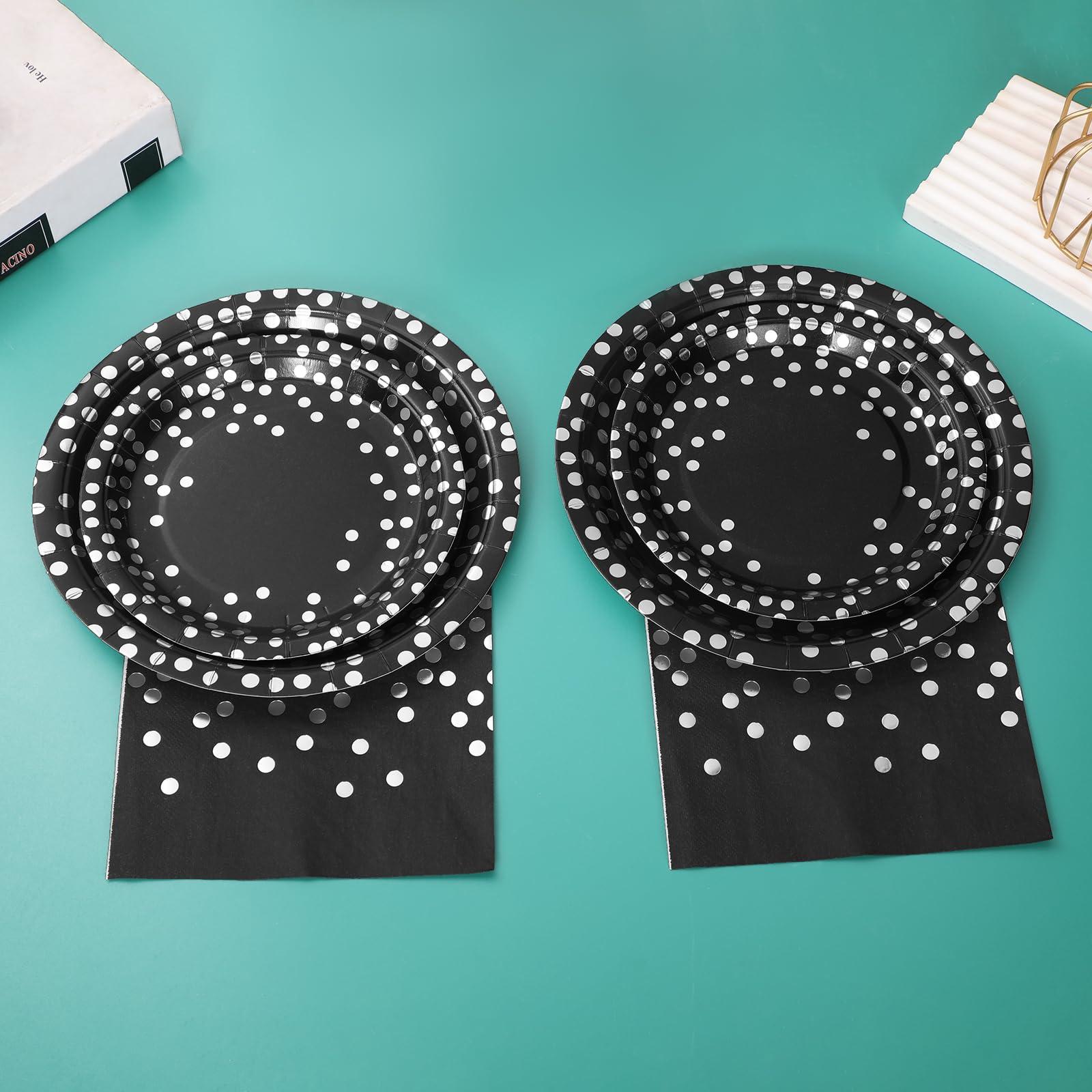 Boocikey 150 PCS Black Plates and Napkins Party Supplies,Black Paper Plates Severs 50,Black and Silver Party Decorations for Birthday Retirement Wedding New Years Decorations
