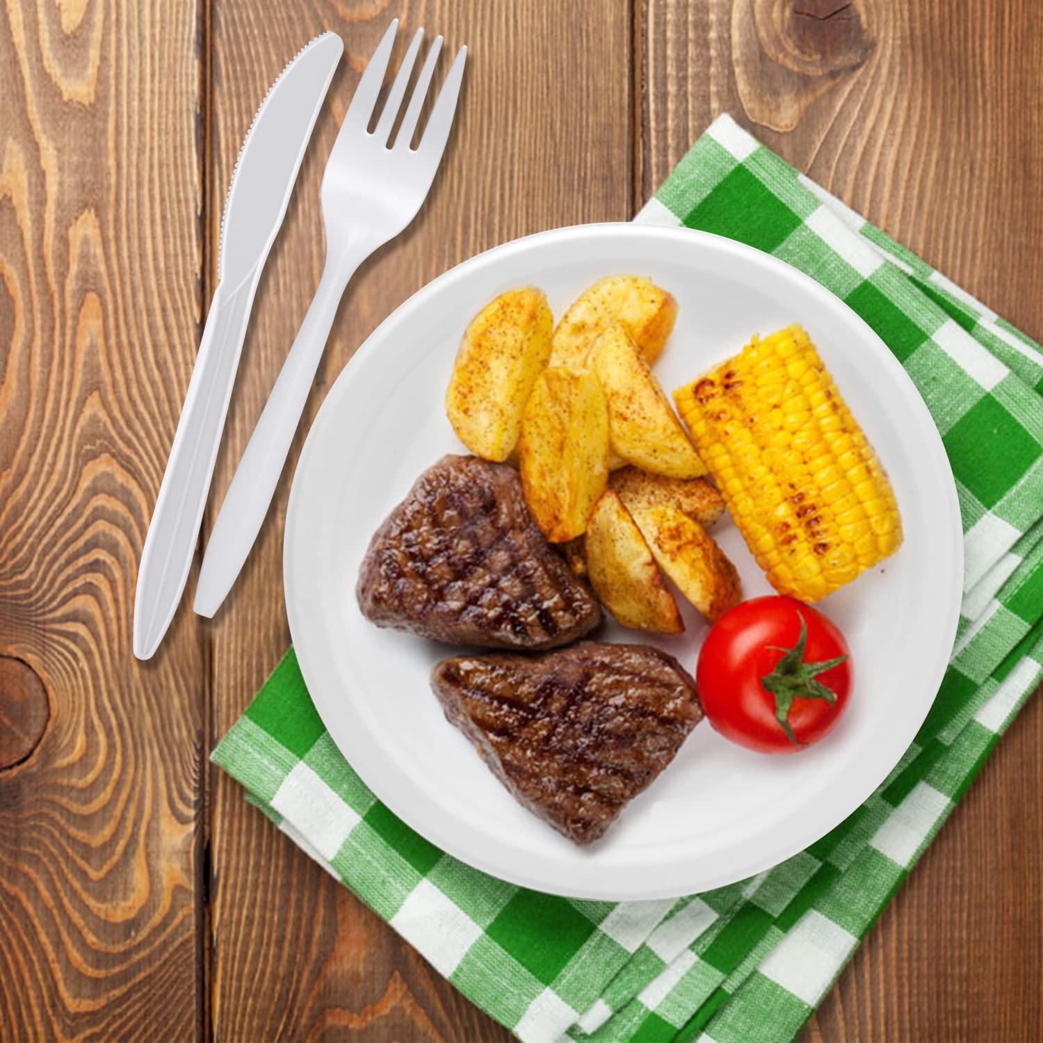 Aschef 400pcs Eco-Friendly Disposable Paper Plates Bulk and Cups Napkins Cutlery Sets Non-Plastic Biodegradable Compostable Dinnerware for Dessert Dinner Birthday Party (50 Guest)