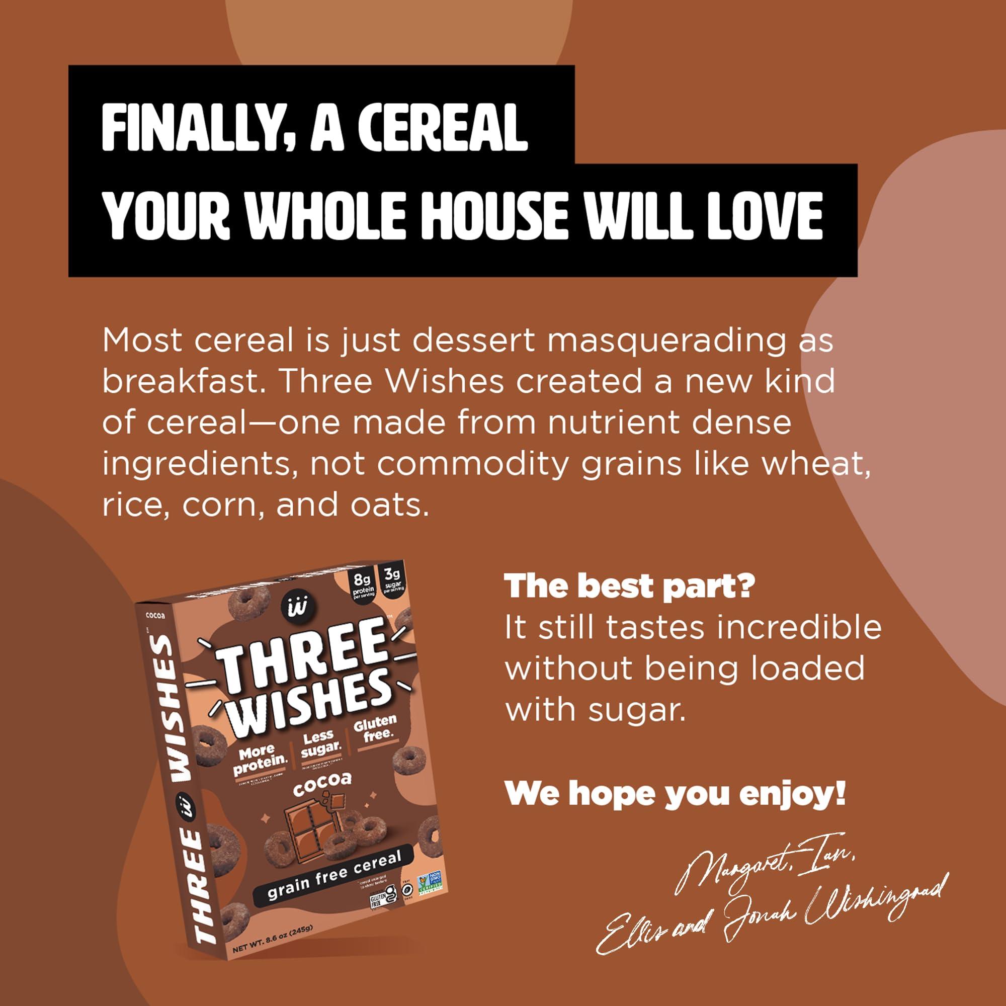Three Wishes Plant-Based and Vegan Breakfast Cereal by Three Wishes - Cocoa, 1 Pack - More Protein and Less Sugar Snack - Gluten-Free, Grain-Free - Non-GMO