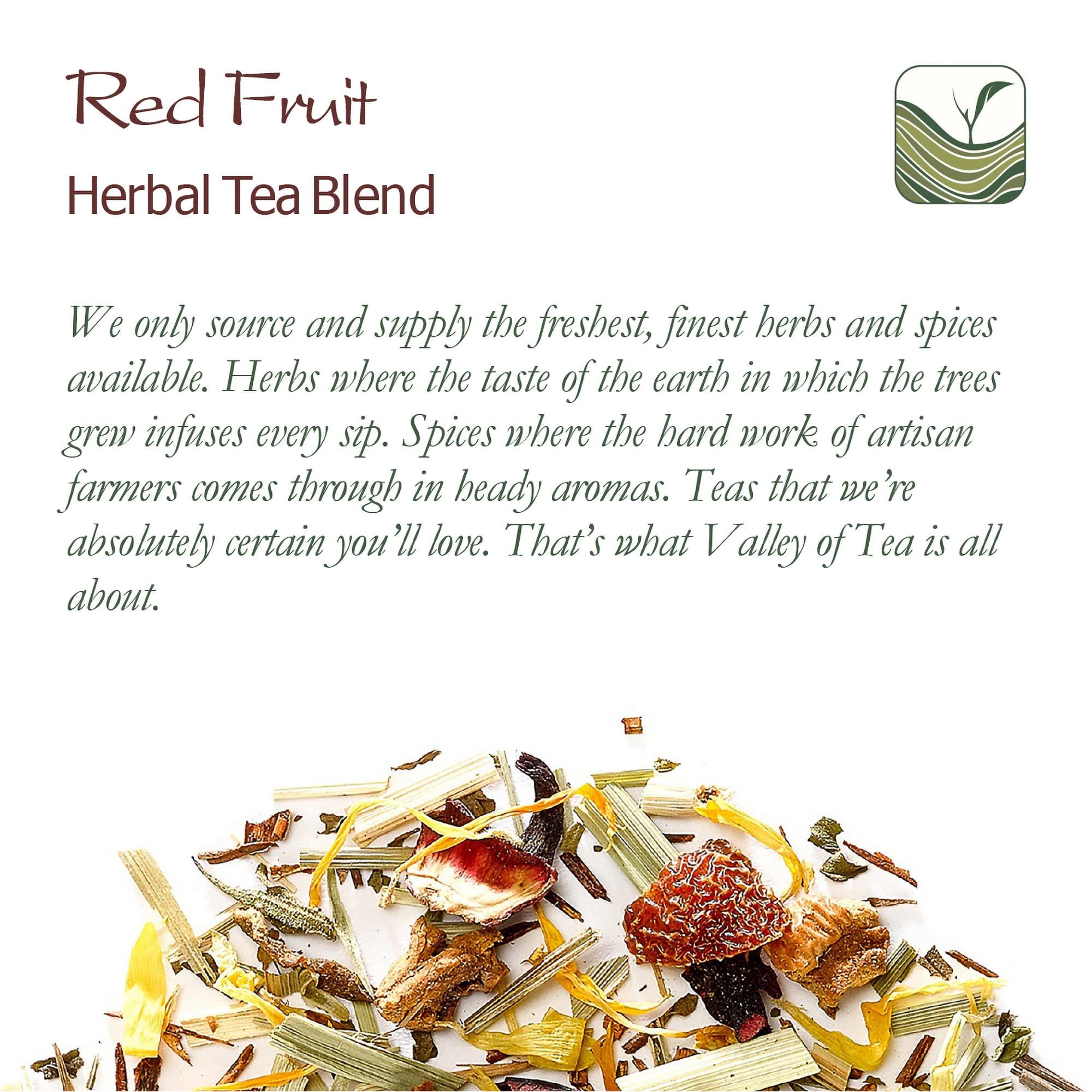 Valley of Tea Red Berry Organic Fruit Tea - Fruit Tea Tisane - Fruity Herbal Infusion - Red Berries Tea Red Berry Tea Red Fruits Tea 200g