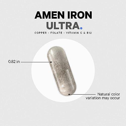 Amen Amen Iron Ultra Supplement + Copper, Folate, Vitamin C and Vitamin B12-2-Month Supply - Ferrous Sulfate Iron Vitamin - Iron 65mg Per Serving - Iron Folic Acid - Non-GMO Iron Pills - 60 Capsules