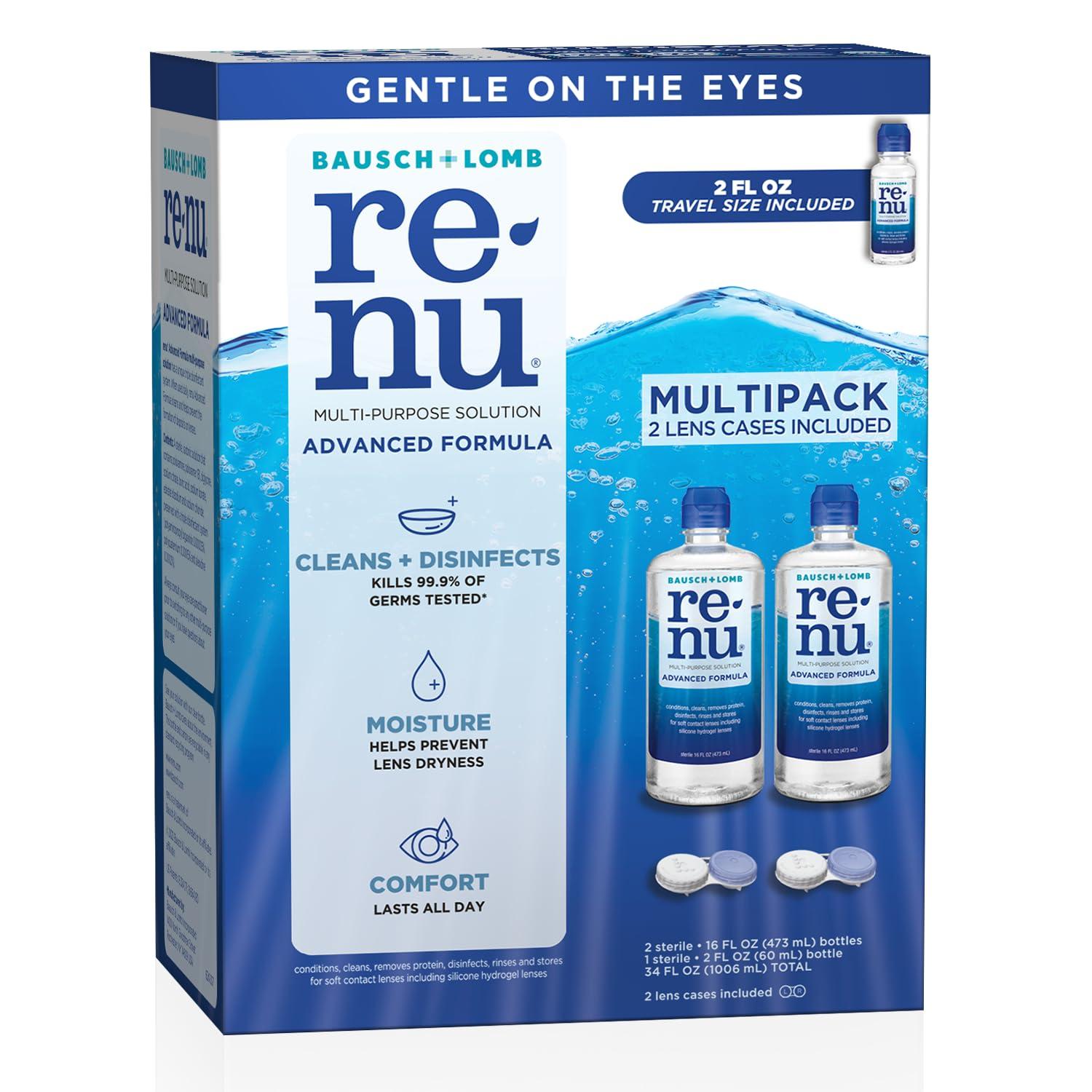Renu Renu Contact Lens Solution Multipurpose Disinfectant, Advanced Formula Lens Cleaner, Cleans & Moisturizes Soft & Silicon Hydrogel Lenses, Multi-Pack 16 Fl Oz (Pack of 2) + 2 Fl Oz Travel Size