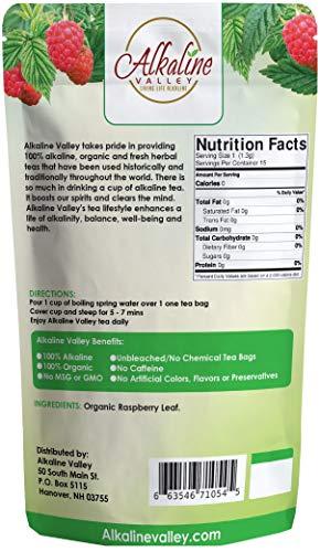 Alkaline Valley Red Raspberry Leaf Tea - 100% Alkaline and Organic - 15 Unbleached/Chemical-Free Tea Bags - Pack of 3 - Caffeine-Free, No GMO…