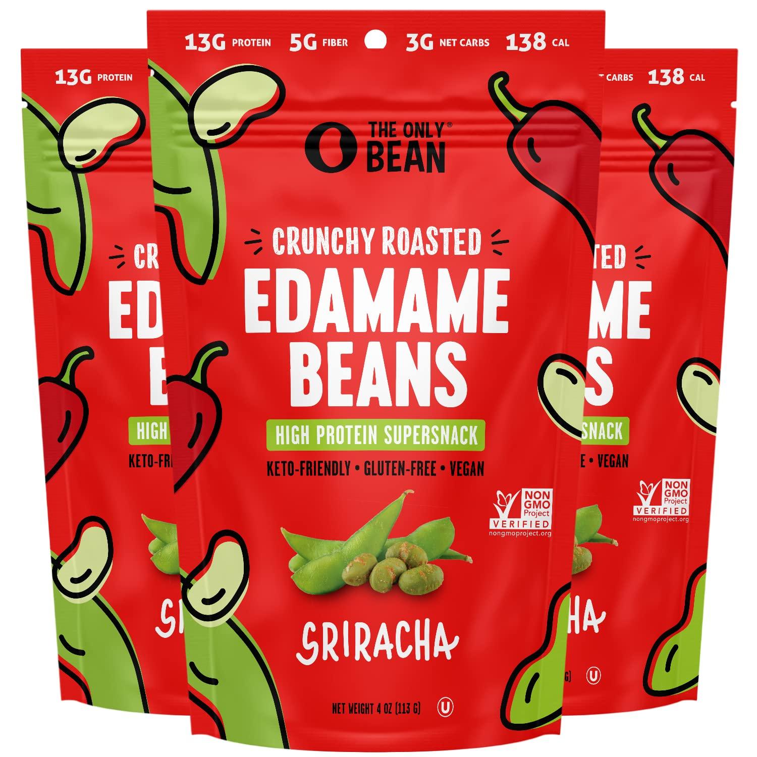 The Only Bean The Only Bean Crunchy Roasted Edamame Snack (Sriracha), High Protein Snacks (13g) Healthy Protein Chips, Keto Friendly Food (2g Net), Plant-Based Vegan Snacks, Office Snacks, Spicy Snack, 4oz (3 Pack)