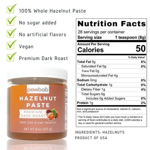 powbab powbab Hazelnut Paste - 100% USA Grown Hazelnuts (8 oz). Premium Dark Roast Nutty Flavor. Sugar Free Hazelnut Spread, No Added Sugar. Use for Hazelnut Butter or Keto Hazelnut Spread. Non-GMO, Vegan.