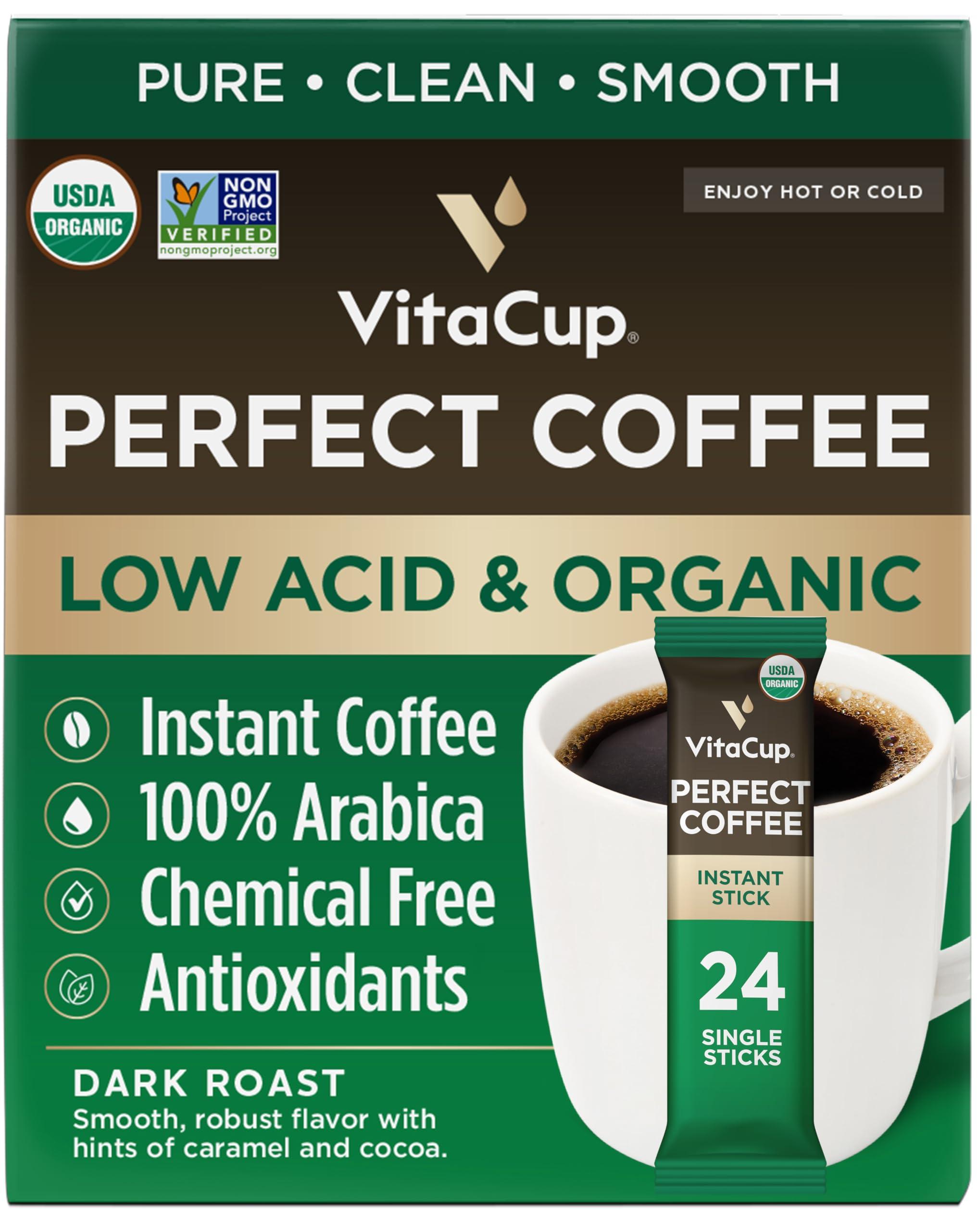 VitaCup VitaCup Perfect Low Acid Instant Coffee Packets, Dark Roast Coffee, USDA Organic & Fair Trade, Third Party Tested for Mycotoxins & Pesticides, Single Origin, Clean & Pure, 24 ct