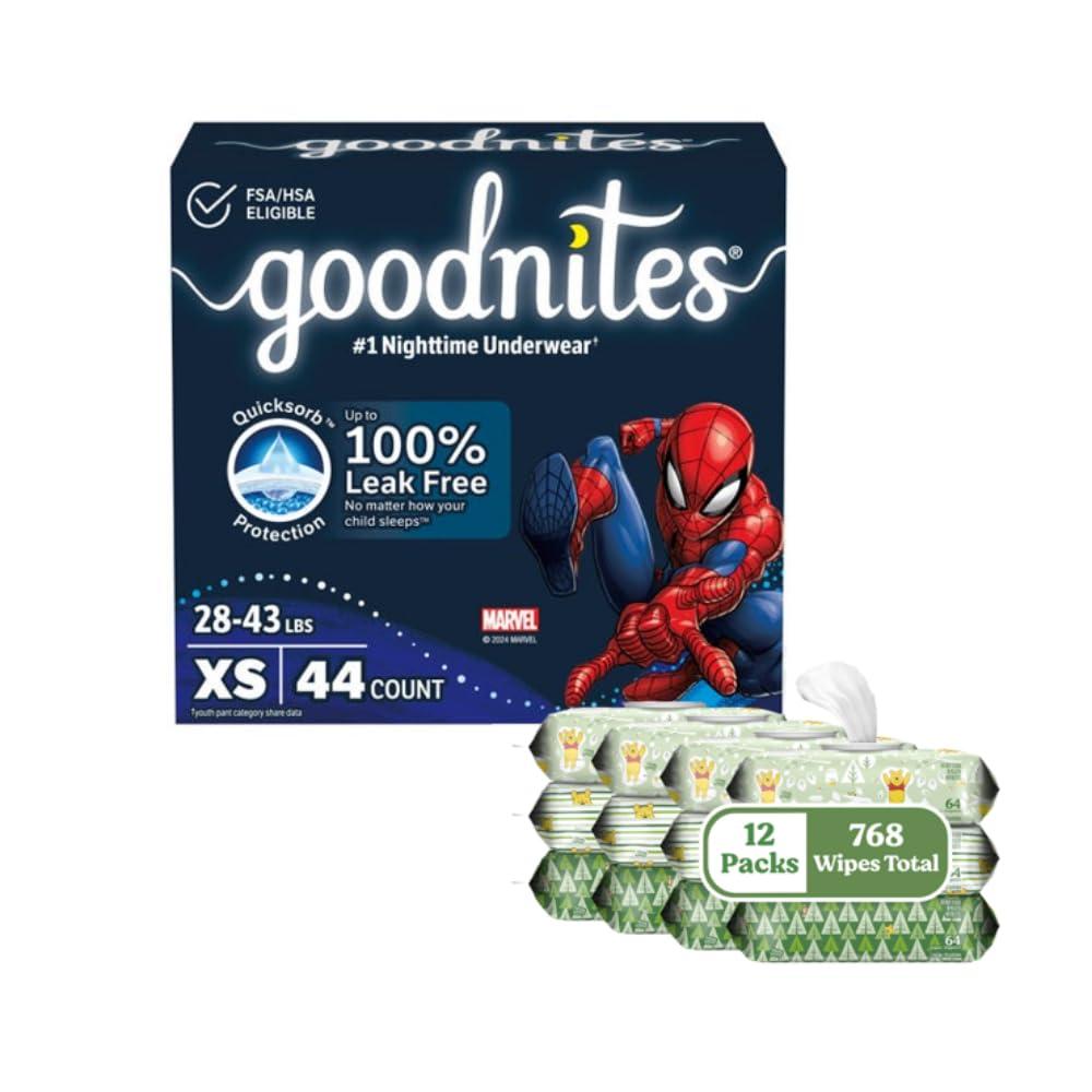 GoodNites Goodnites and Wipes Bundle: Goodnites Underwear for Boys, Extra Small, 44ct & Huggies Natural Care Sensitive Wipes, Unscented, 12 Flip-Top Packs (768 Wipes Total) (Packaging May Vary)