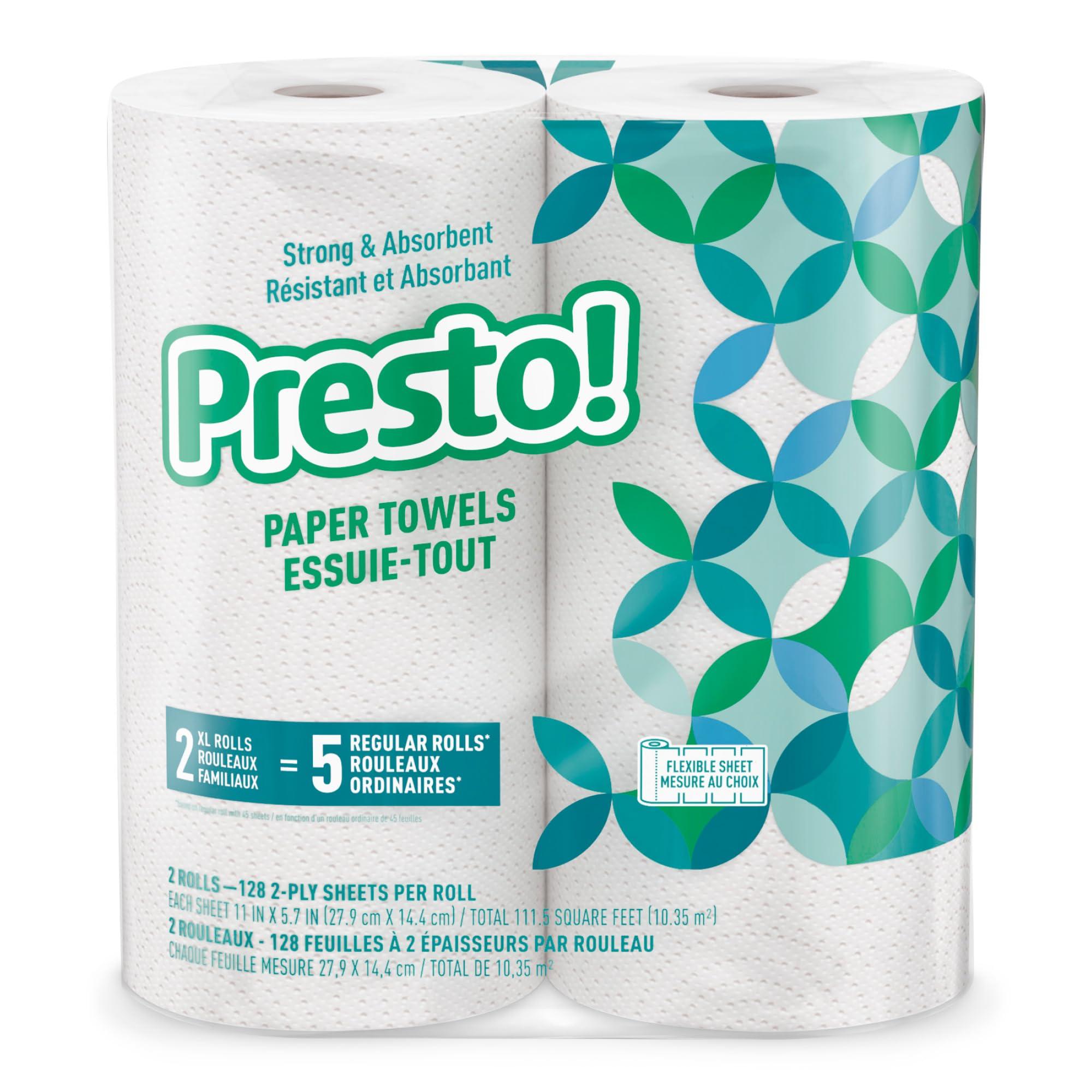 Presto! Amazon Brand - Presto! Flex-a-Size Paper Towels, 128 Sheet Family Roll, 2 Rolls (1 Packs of 2), 256 count, White