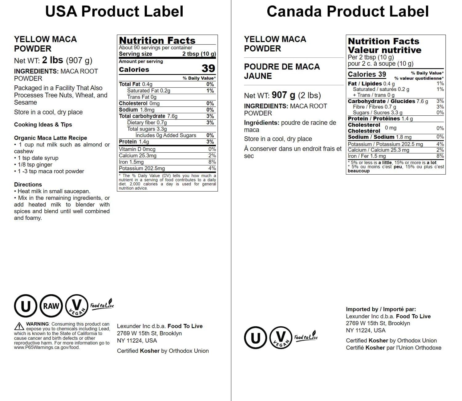 Food to Live Food to Live Yellow Maca Powder, 2 Pounds – Raw Ground Maca Root, Vegan, Kosher, Keto, Non-Gelatinized, Bulk, Rich in Vitamin C