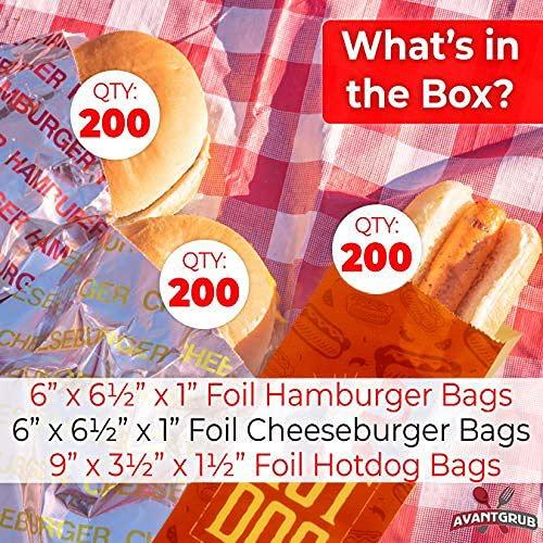 Avant Grub Retro, Restaurant Grade Grease-Proof Food Wrapper 600 Combo Pack. Heat Proof, Pro Quality Bulk Hamburger, Cheeseburger and Hot Dog Sturdy Bags. Allergen Friendly BBQ Foil Paper Supply for Themed Party