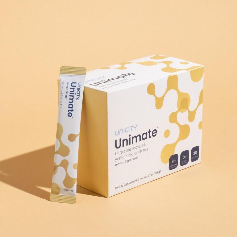 Unicity UNICITY UNIMATE LEMON GINGER STICK PACKS - Great Tasting - Ultra Concentrated Yerba Mate Drink Mix (30 Packets). Dietary Supplement. Healthy Alternative to Coffee and Energy Drinks (30-Day Supply)