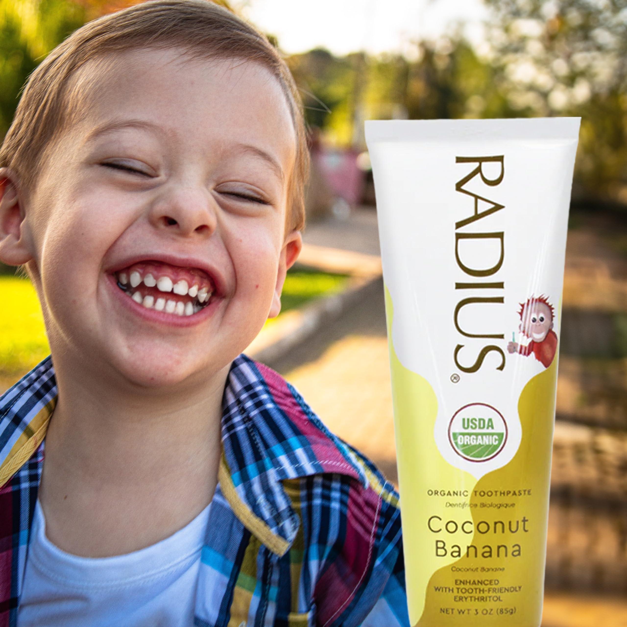RADIUS RADIUS USDA Organic Kids Toothpaste 3oz Non Toxic Chemical-Free Gluten-Free Designed to Improve Gum Health for Children's 6 Months and Up - Coconut Banana - Pack of 3
