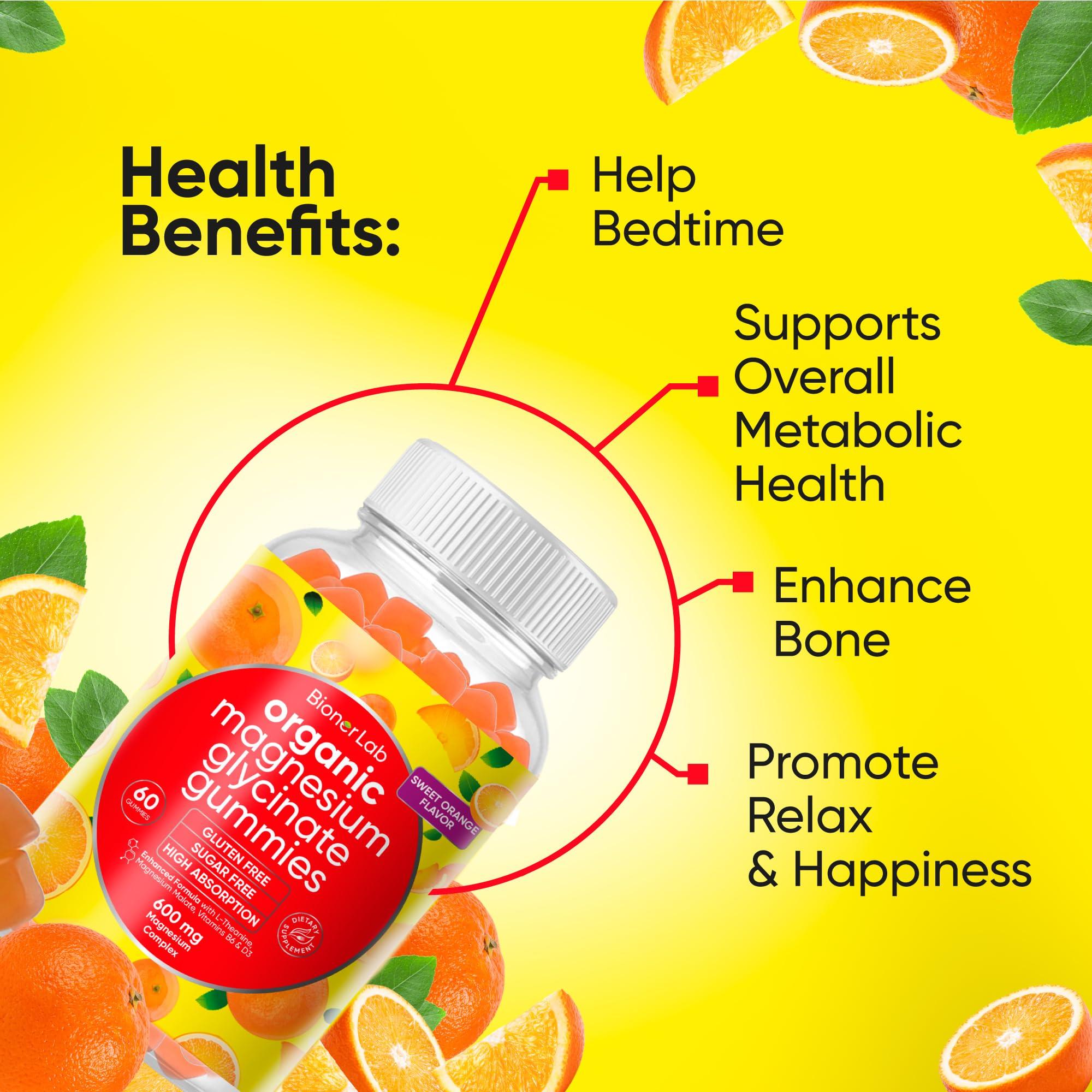 BionerLab BionerLab Magnesium Glycinate Chewable Gummies (600mg) for Kids & Adults Women Men - Vegan Complex with Calcium Potassium Vitamin D B6 L-Theanine - Sugar & Gluten Free - Orange Flavor