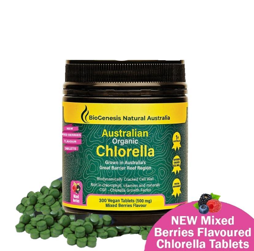 Biogenesis Organic Chlorella Tablets, Australian | Advanced BioDynamic Cracked Cell Wall | Chlorophyll-Rich, Vitamins, Minerals, Chlorella Growth Factor | Supports Good Health | Vegan Tablets (Mixed Berry, 300)
