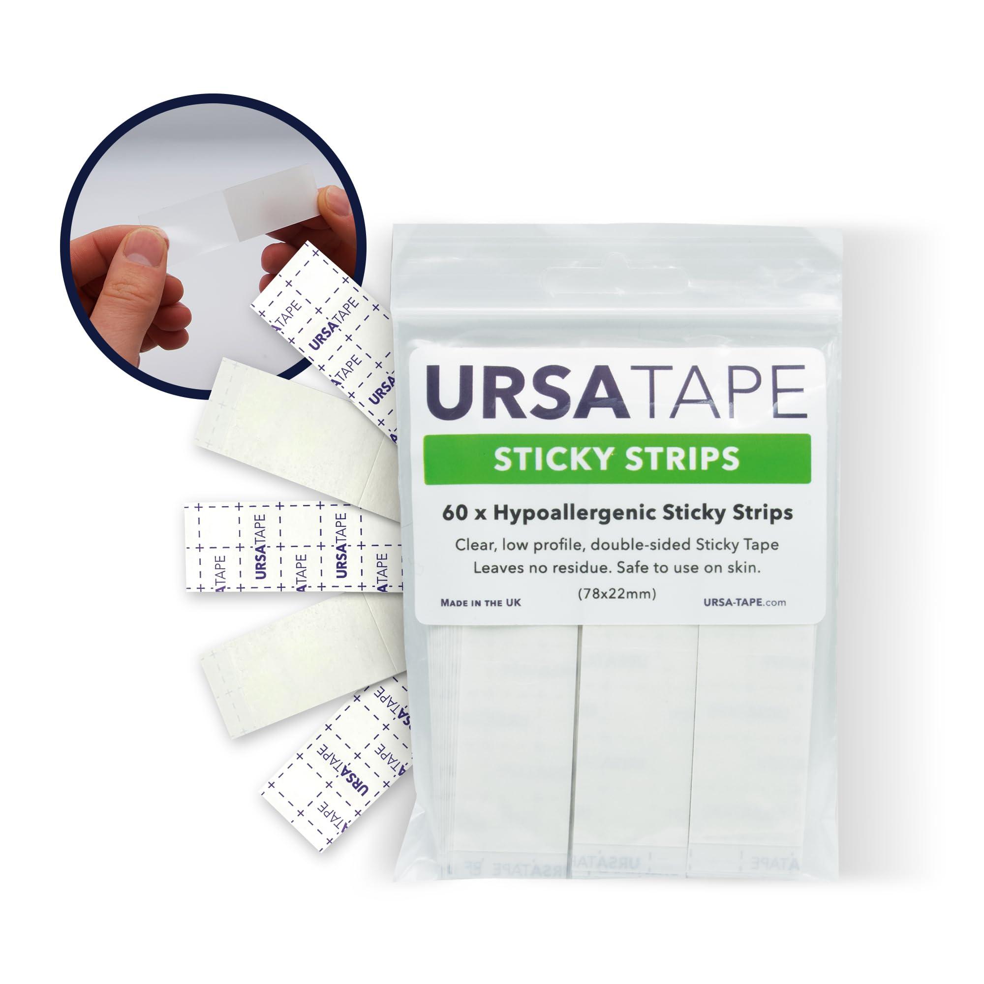 URSA Straps URSA Tape Sticky Strips No-Residue Clear Hollywood Fashion Tape for Women Double Sided | for Costumes, Dresses, Shoes & More | Body Tape for Delicate Skin, Double Sided Fabric Tape for Clothes 60 Pack