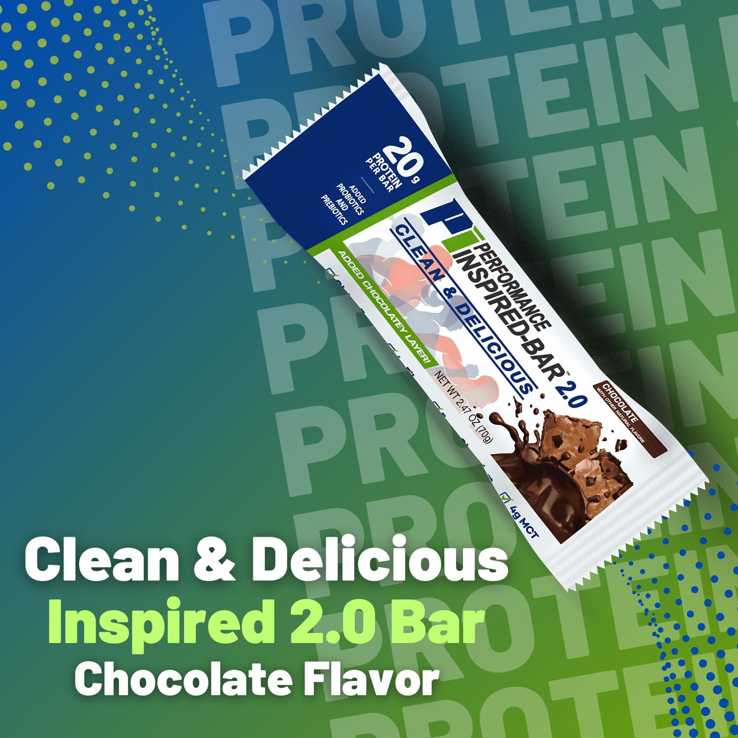 PERFORMANCE INSPIRED Performance Inspired Nutrition Protein Bar 2.0  20G Protein, 6G Fiber, 4G MCTs, 1 Billion CFU Probiotics  Gluten-Free  Chocolate Flavor  12 Count