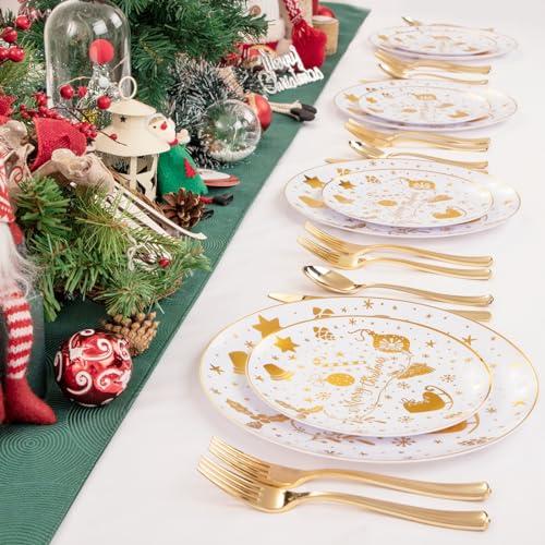 U-QE U-QE 60pcs Christmas Disposable Plates, Gold Christmas Plastic Plates for 30 Guests Include 30 Dinner Plates 10.25 & 30 Dessert Plates 7.5, Premium Gold Party Supplies for Christmas Theme Party