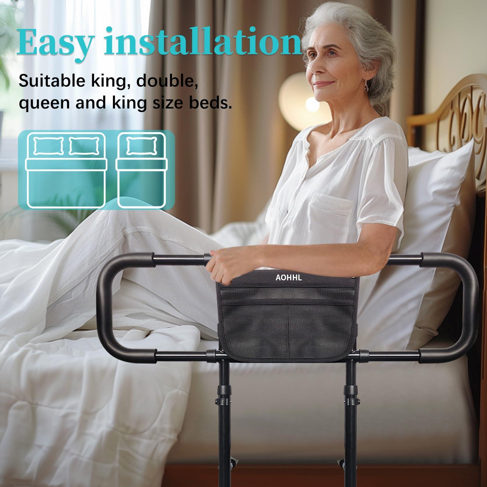 AOHHL Bed Rails for Elderly Adults Safety with Adjustable Heights Storage Pocket Assist Support Side Railings for Seniors Citizens Slides Under Mattressbed Cane Bed Guard Bed Handles Bars (Black)