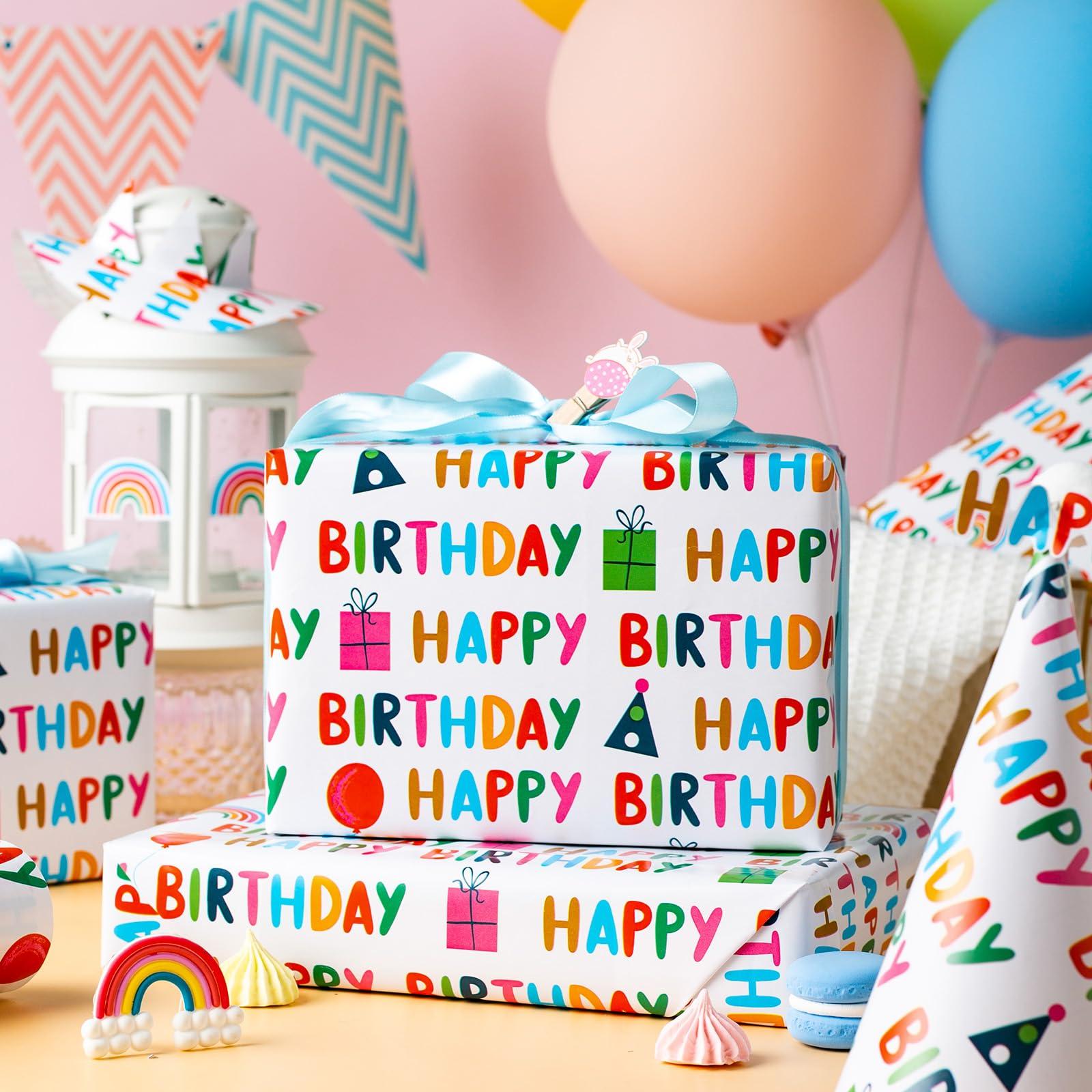 MAYPLUSS MAYPLUSS Birthday Mini Wrapping Paper Roll-46.8sqft. White with Colorful Happy Birthday Lettering, Gift Box for Birthday, Baby Shower, Party-17in x 33ft