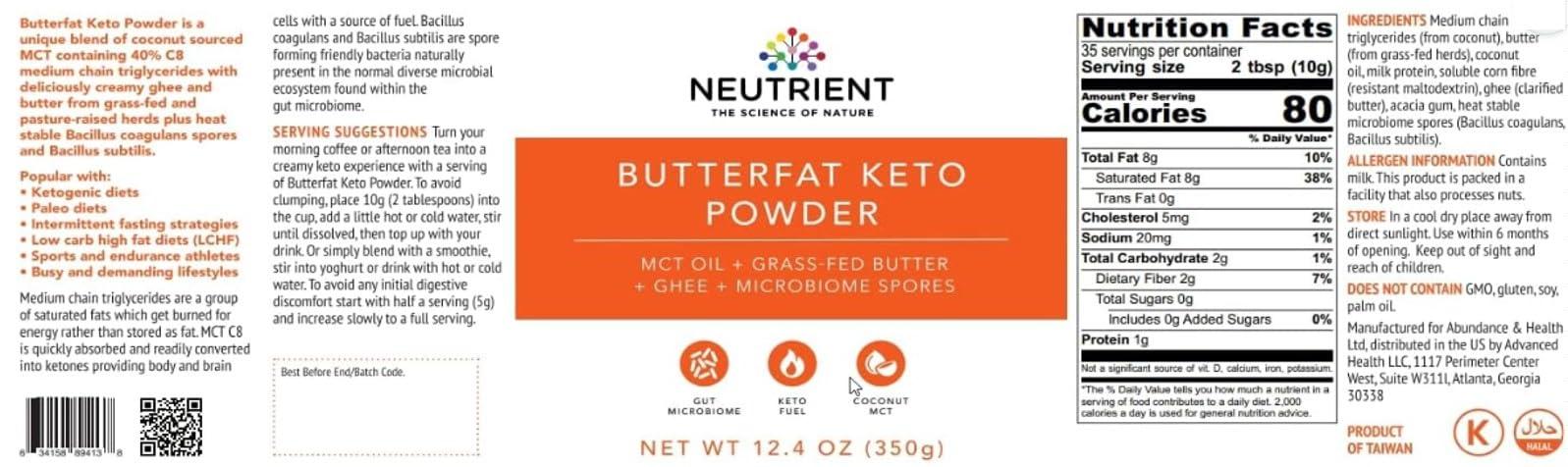 Neutrient The Science of Nature Neutrient Butterfat Keto MCT Oil Powder | with Coconut Sourced MCT Oil & Ghee with Grass Fed Butter | Delicious Morning Keto Coffee Creamer for Ketosis Support | Fuel for Body & Brain