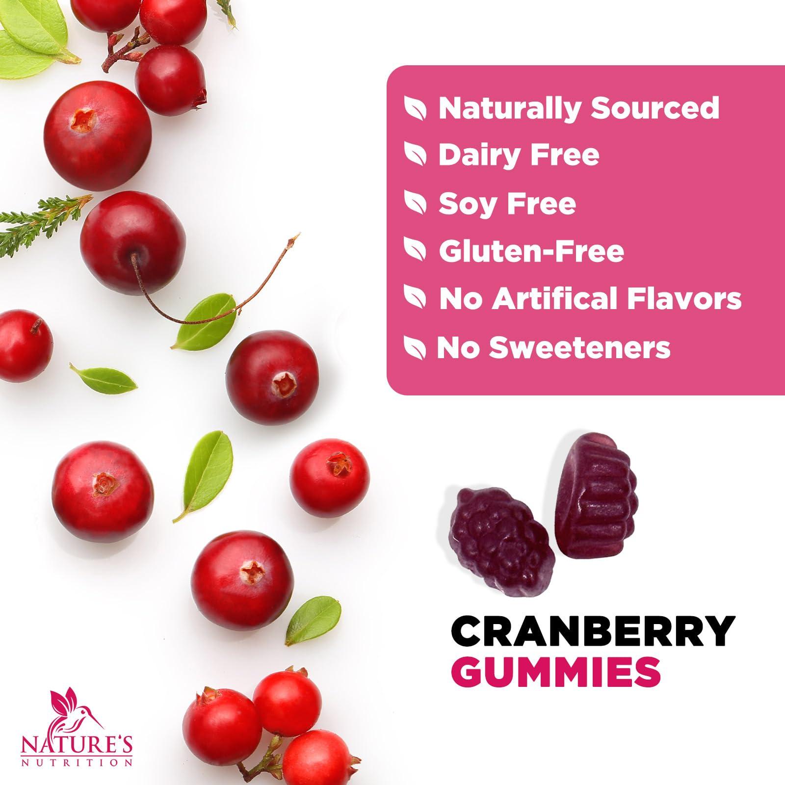 Nature's Nutrition Cranberry Gummies - Urinary Tract Health Gummy + Vitamin C - 25,000mg - Triple Strength Cranberry Concentrate Extract Supplement Pills, Ultimate Potency, Non-GMO, Gluten Free - 120 Gummies