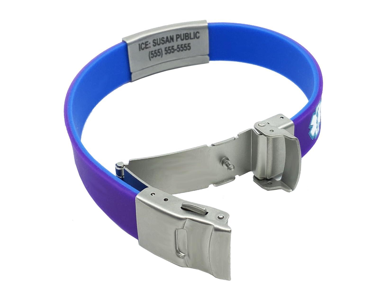 Universal Medical Data Medical Alert Bracelets - Slim Reversible Silicone Alert Band for Women & Men, Customizable Laser Engraved with Emergency Medical Card & Personal Health Record Access - Blue/Purple
