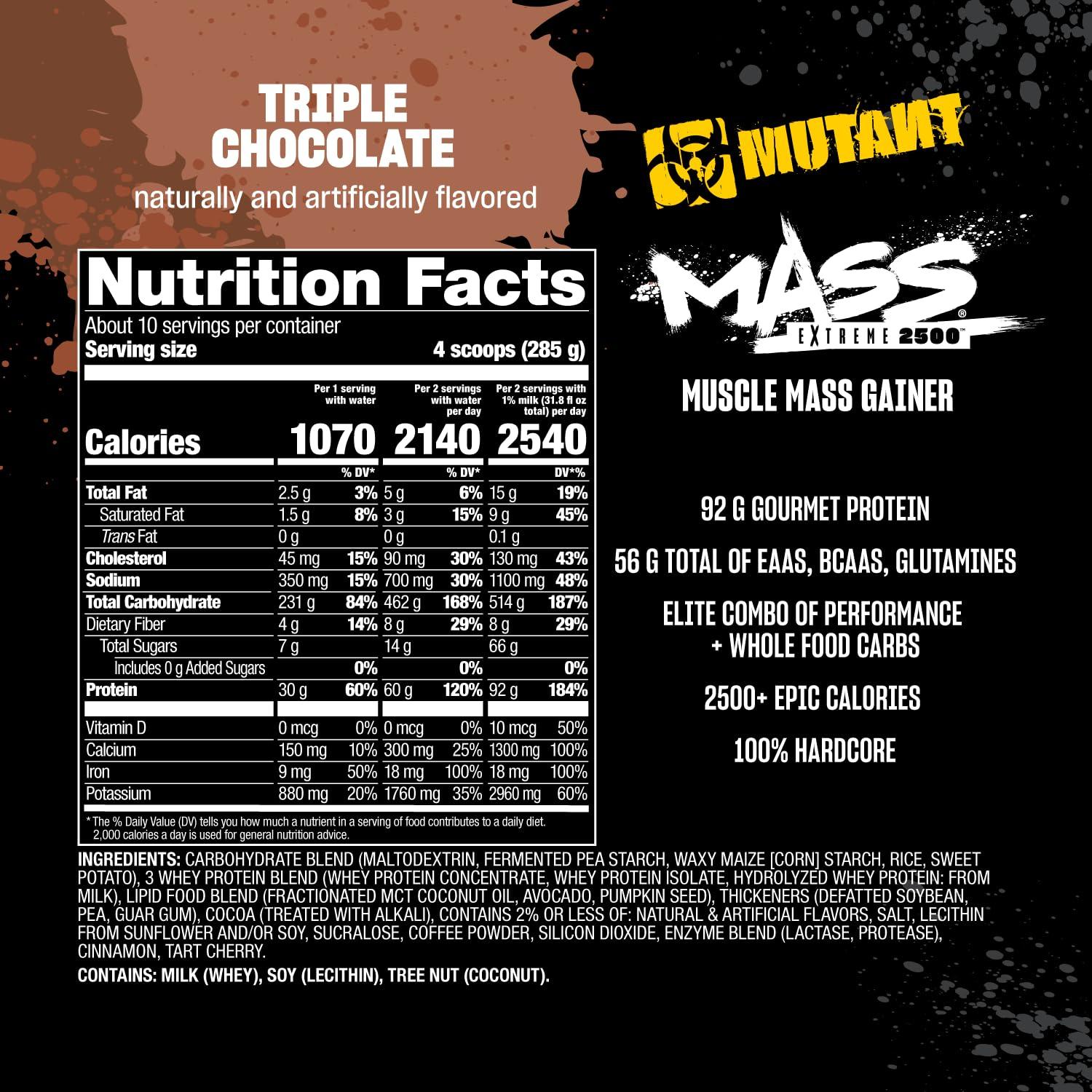 Mutant Mutant Mass Extreme Gainer Whey Protein Powder Build Muscle Size and Strength High Density Clean Calories (Triple Chocolate, 6 lbs)