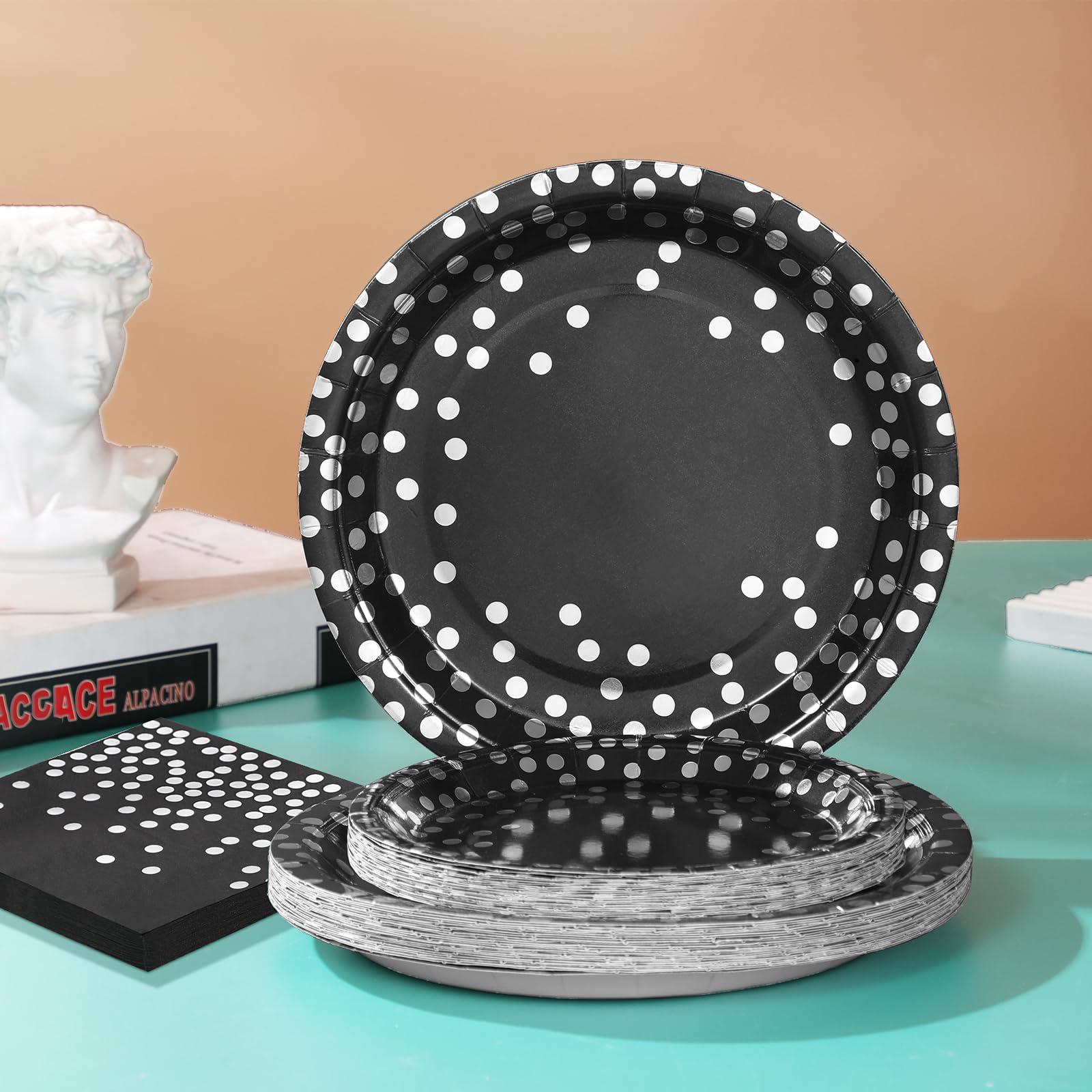Boocikey 150 PCS Black Plates and Napkins Party Supplies,Black Paper Plates Severs 50,Black and Silver Party Decorations for Birthday Retirement Wedding New Years Decorations