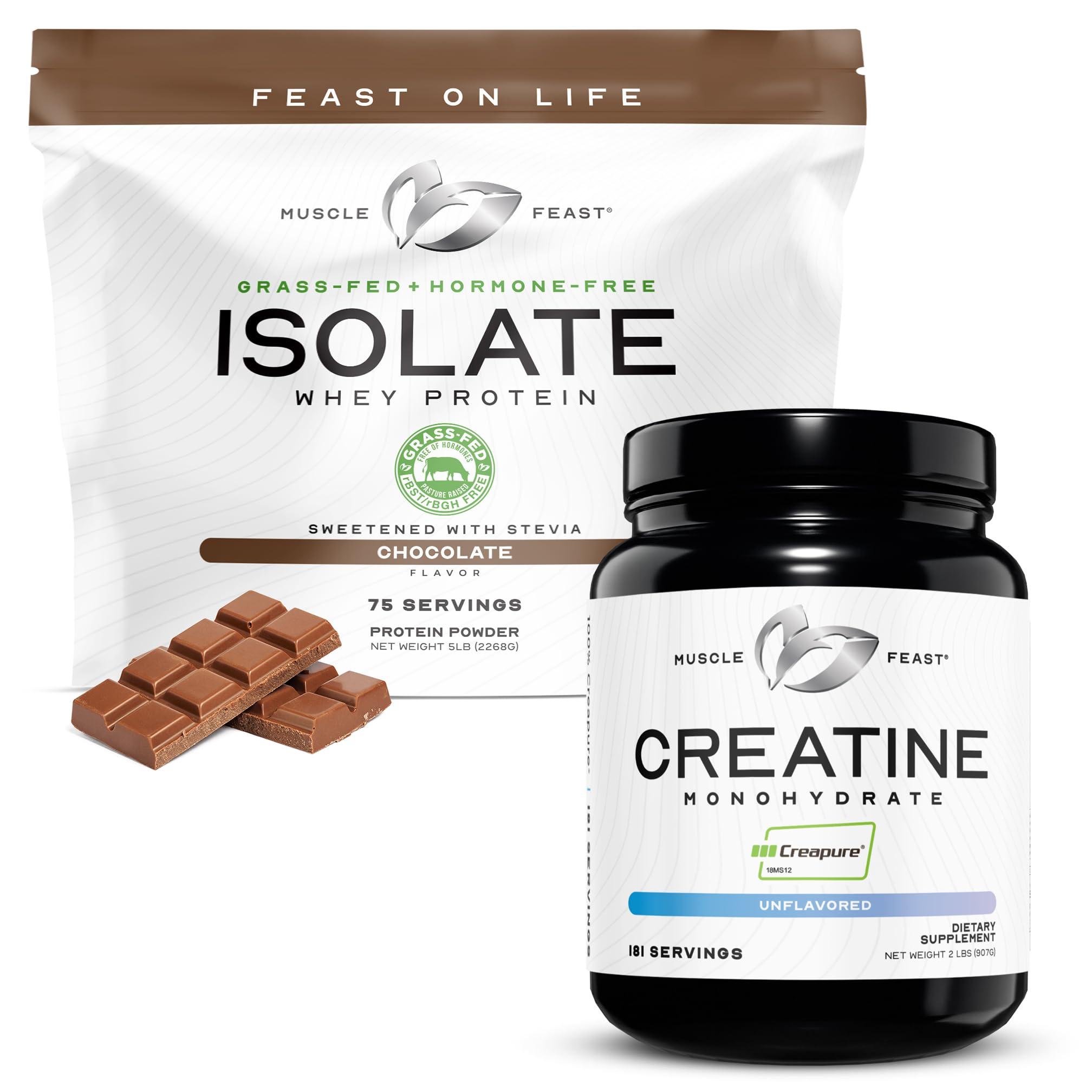 Muscle Feast Muscle Feast Creatine + Isolate Big Bundle: 1 Creatine Powder (Unflavored, 2lb) + 1 Whey Protein Isolate (Chocolate, 5lb) | Premium Supplements, Vegetarian, Gluten Free