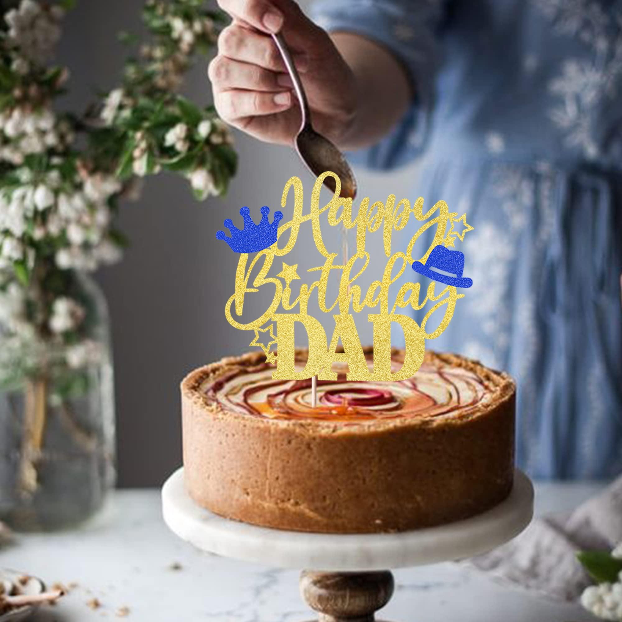 Rsstarxi Rsstarxi 1 Pack Happy Birthday Dad Cake Topper with Glitter Crown Hat Love Father Best Dad Birthday Cake Pick for Happy Father's Day Theme Dad Birthday Party Cake Decorations Supplies Gold