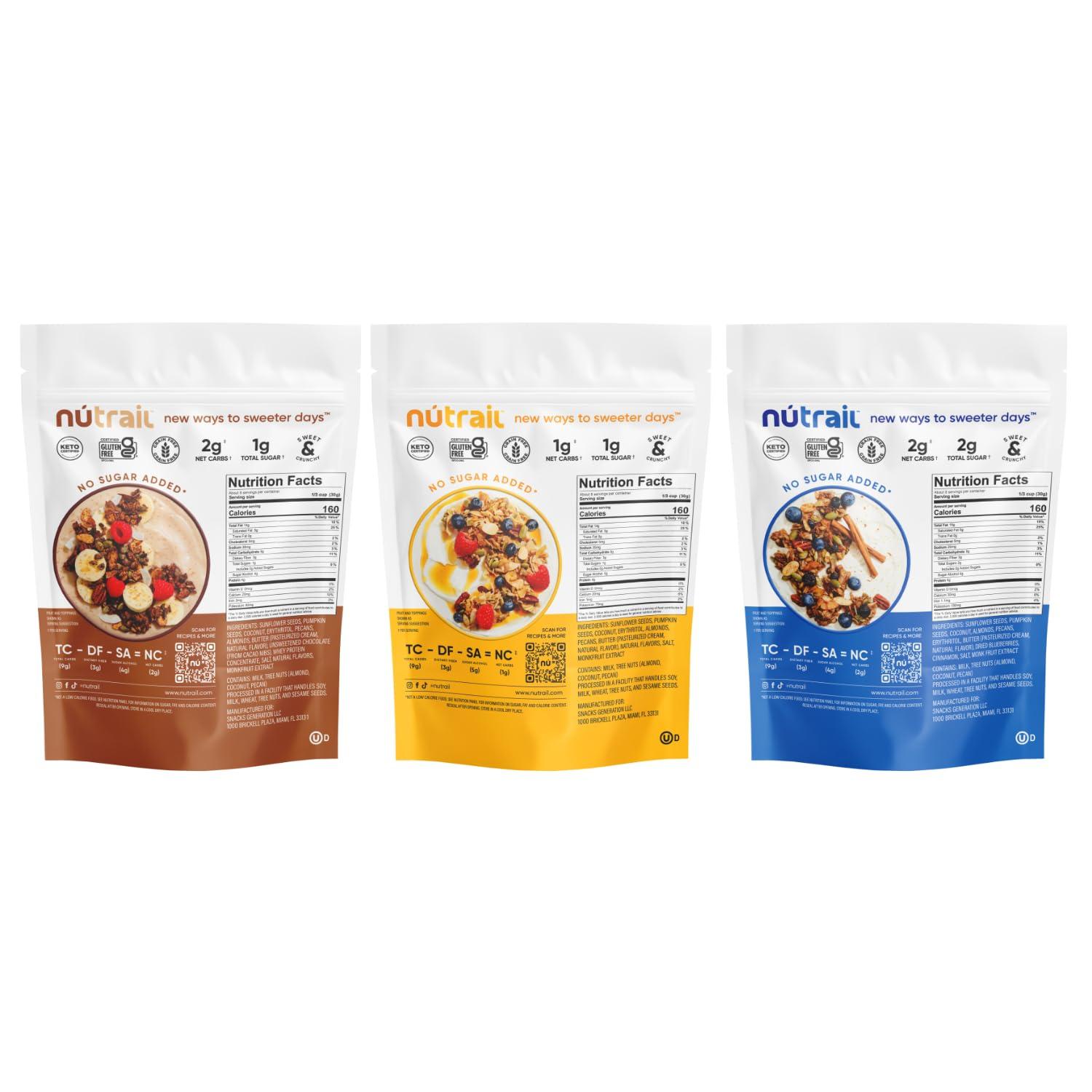 NuTrail NuTrail Nut Granola Cereal, Variety Pack, No Sugar Added, Keto, Low Carb, Gluten Free, Grain Free, Healthy Breakfast 8 oz. 3 Count