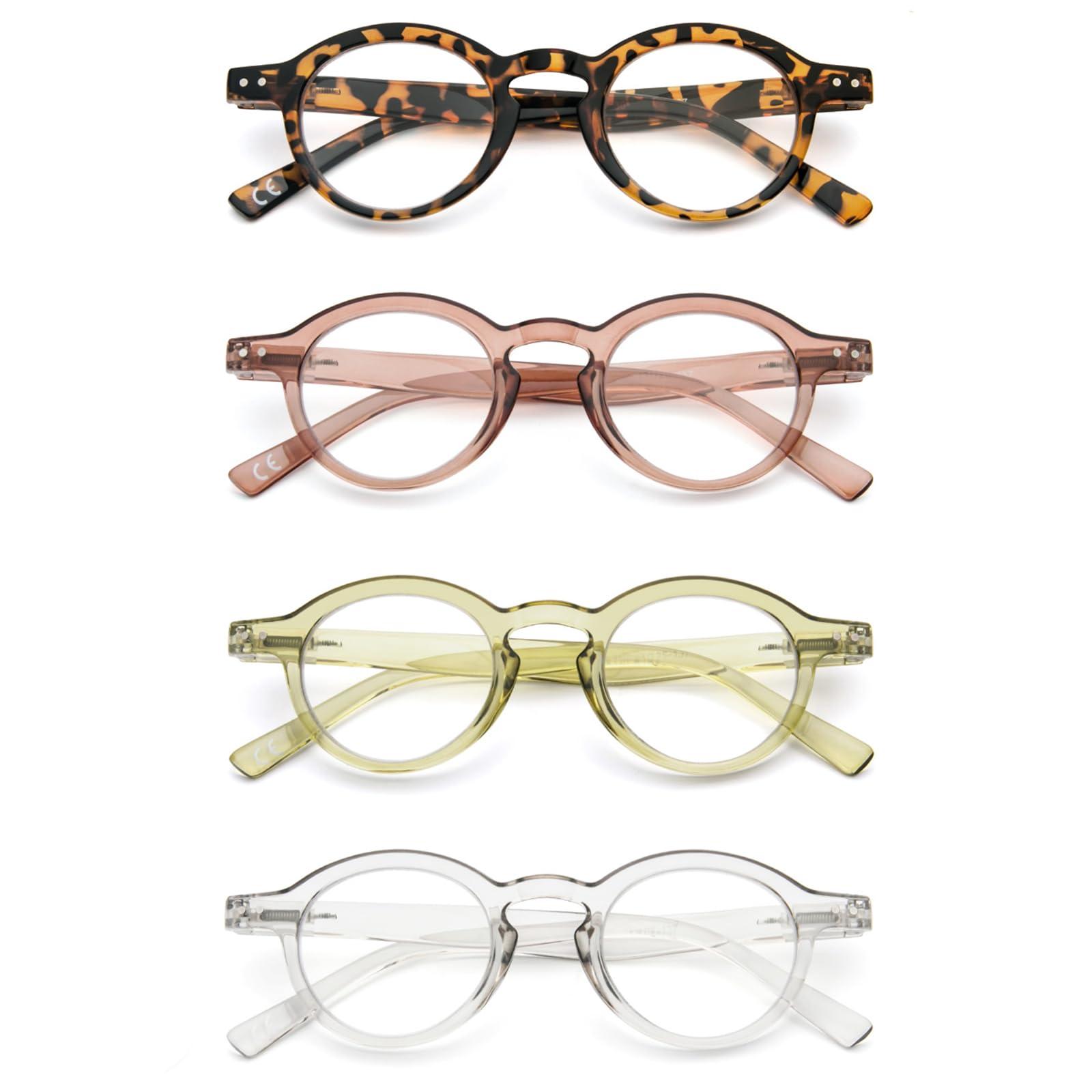 KoKoBin KoKoBin 4-Pack Small Round Reading Glasses Comfortable Readers Colored Stylish Frame for Women (Green&Brow&Leopard&Transparent, 2.25, multiplier_x)