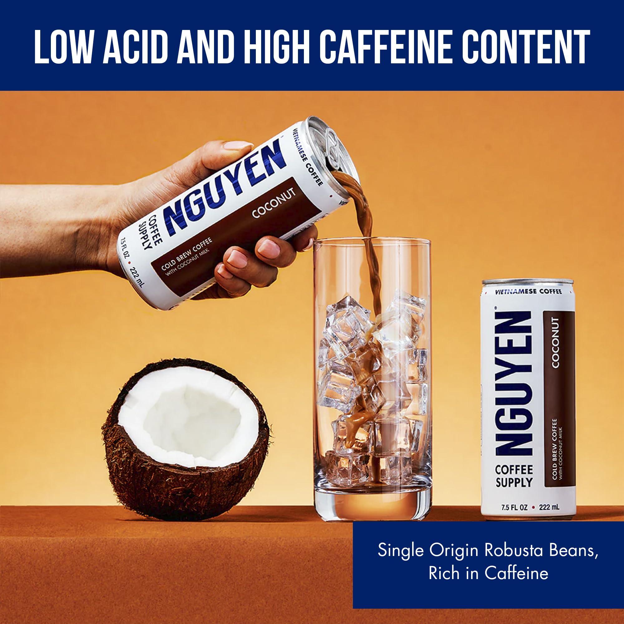 NGUYEN COFFEE SUPPLY Nguyen Coffee Supply - Coconut: Vietnamese Cold Brew Coffee, 100% Robusta, Low Sugar, Dairy-Free, 7.5 fl oz cans [12 Pack]