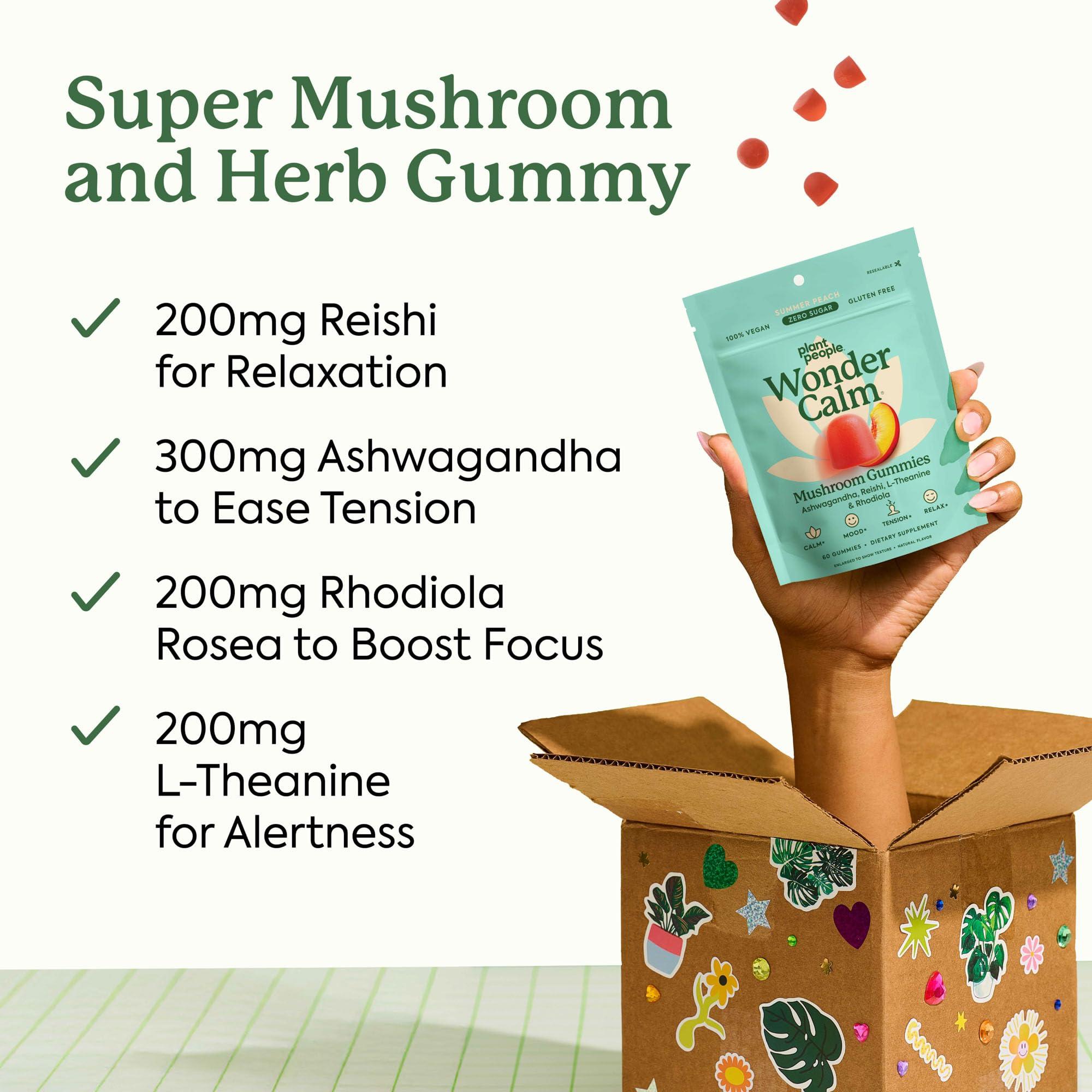 Plant People Plant People WonderCalm Mushroom Gummies - Natural Ashwagandha Supplement to Ease Stress & Boost Mood for Adults without Sugar, Gluten or Artificial Colors, Vegan-Friendly, Peach Flavor, 60 Count