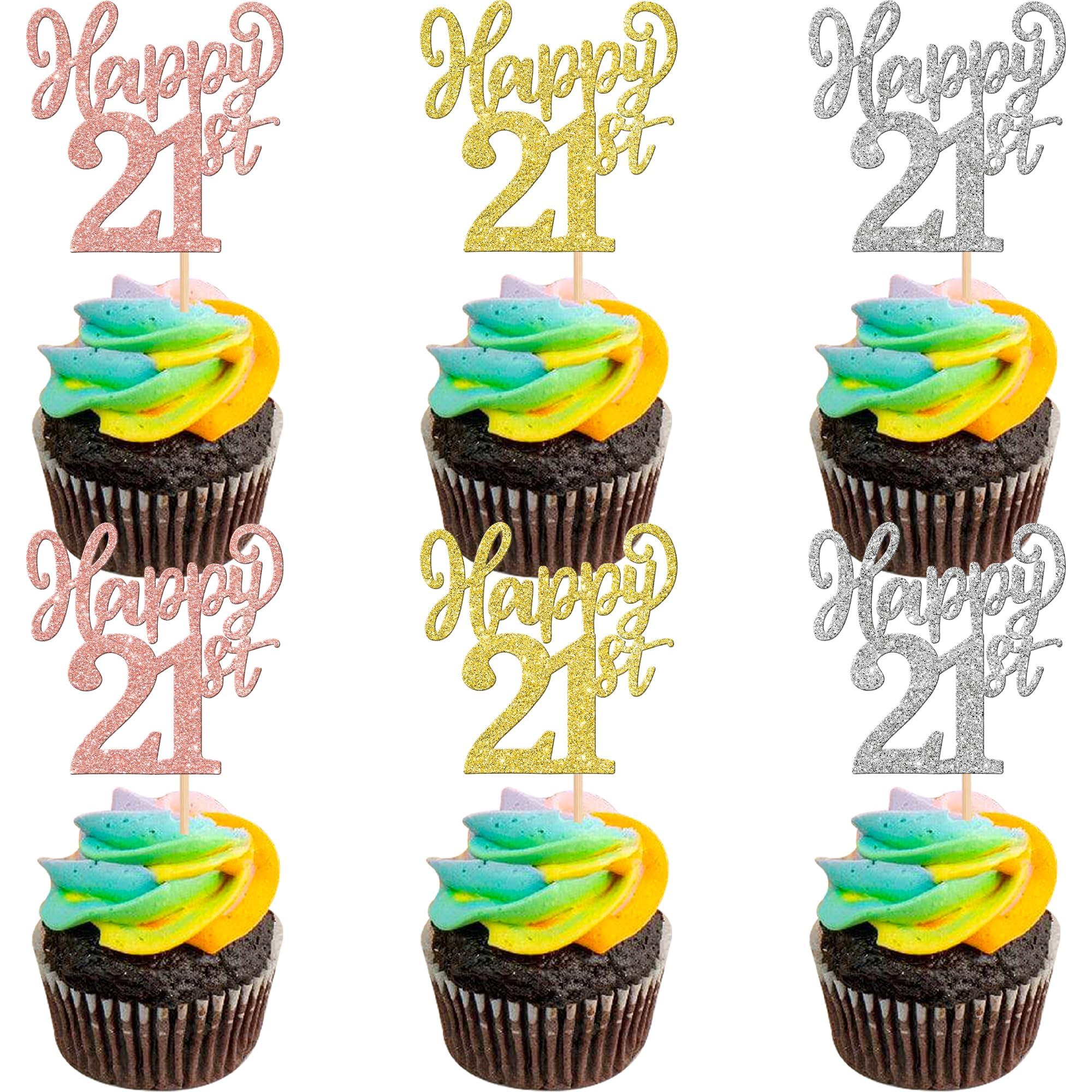 ZHUOWEISM 24PCS Happy 21st Cupcake Toppers Gold Rose Gold Silver Glitter Twenty One Cheers to 21 Years Number 21 Birthday Cupcake Picks for Happy 21st Birthday Wedding Anniversary Party Cake Decorations