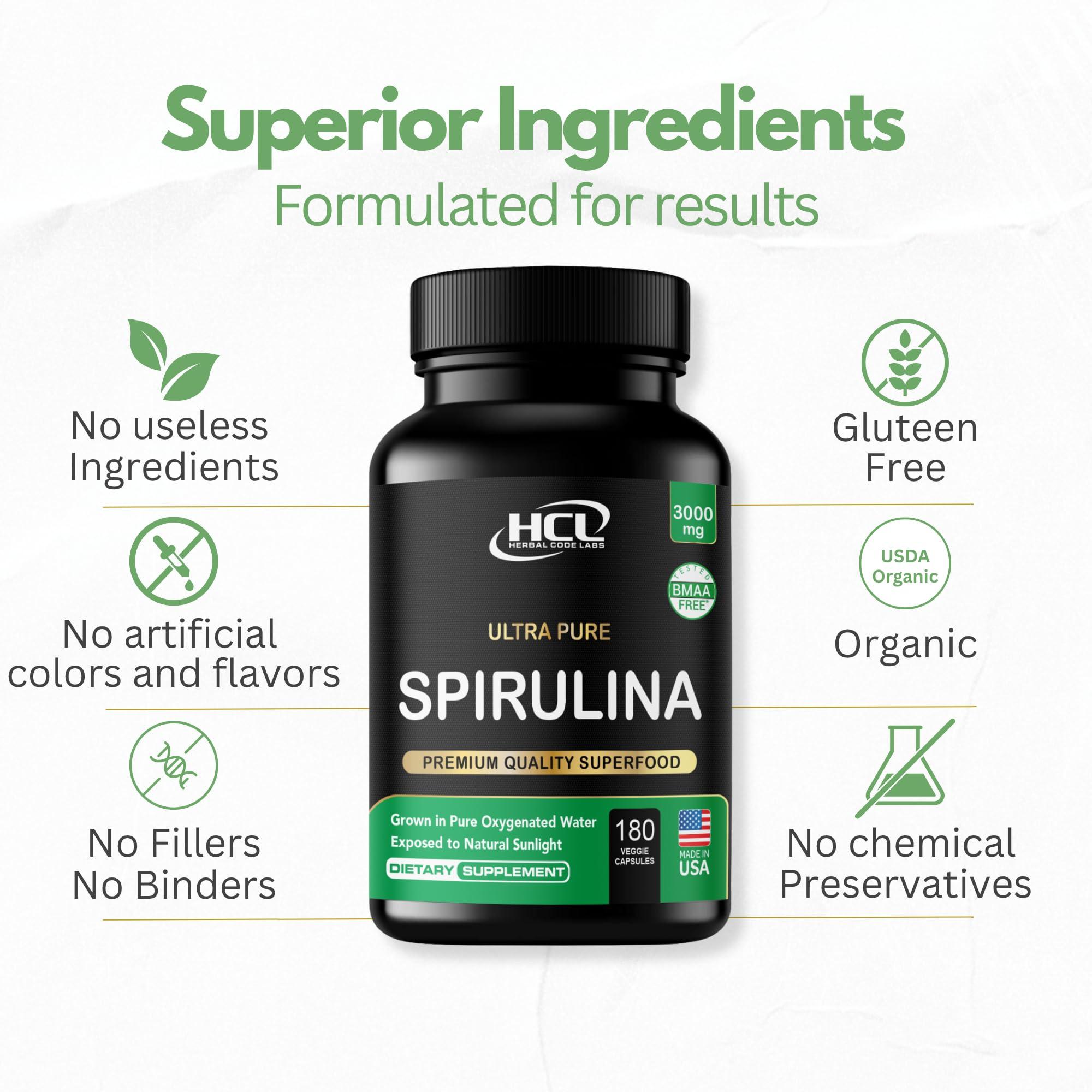 HCL HERBAL CODE LABS Organic Spirulina Powder Capsules 3000 mg - Purest Non-Irradiated Blue Green Algae - Best Raw Vegan Protein - Green Superfood - Natural Multivitamins – 180 Pills Made in The USA